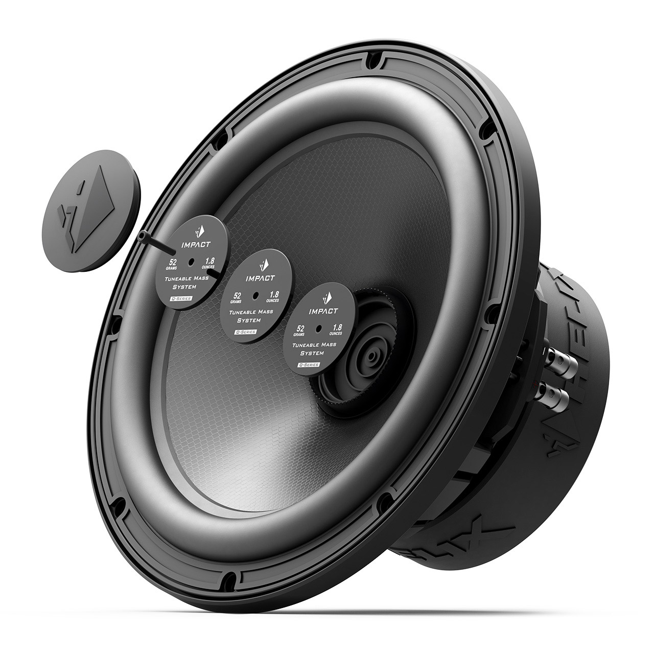 Ein schwarzer Subwoofer mit großem Konus.  Mehrere Abstimmgewichte werden angezeigt.