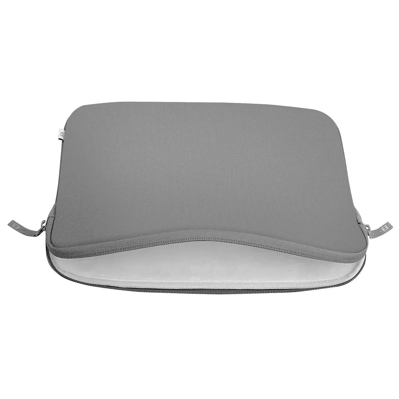 Custodia per laptop grigia, aperta per mostrare l'interno bianco con dettaglio zip.