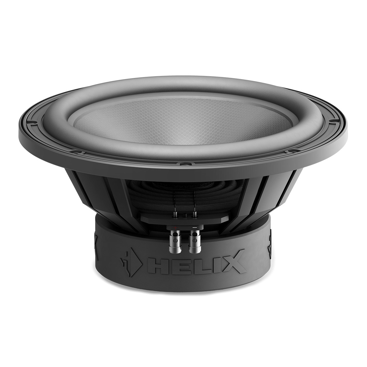 Ein großer schwarzer Subwoofer-Lautsprecher mit dem Markennamen 'HELIX' auf der Basis.