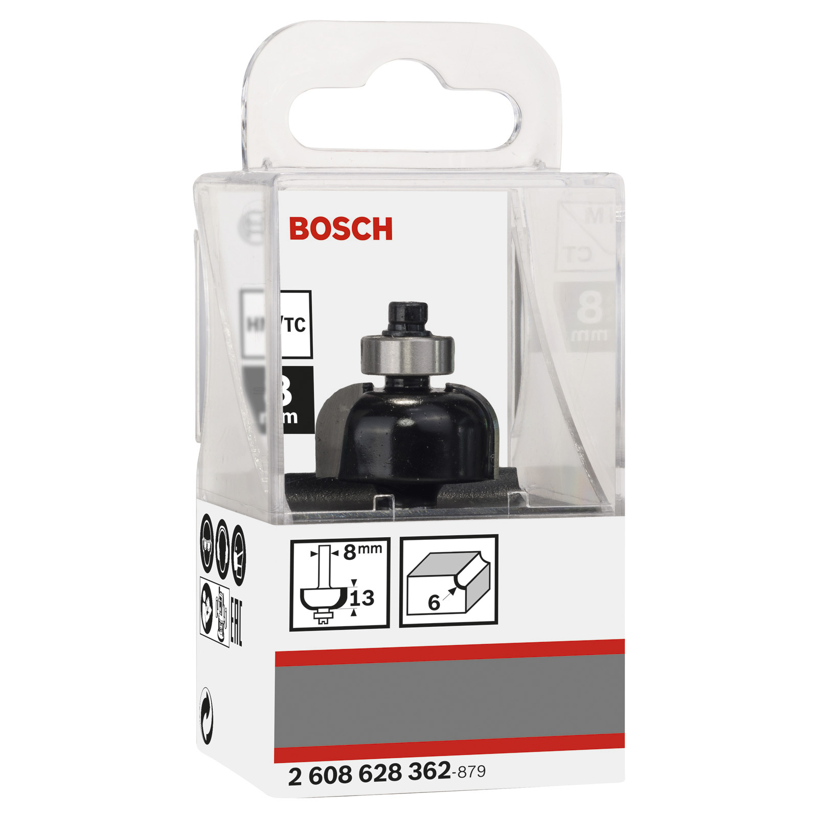 Una fresa Bosch in una confezione di plastica trasparente. È una punta di metallo nero con 'Bosch' stampato sulla confezione.