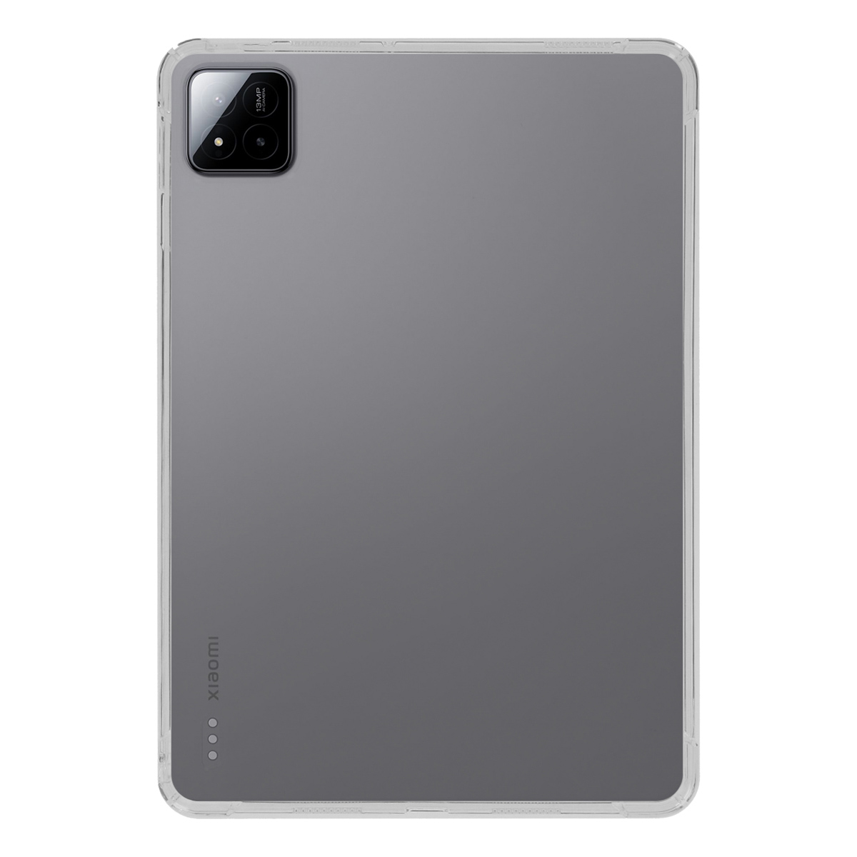 Tablette grise avec une bosse de caméra à l'arrière, logo Xiaomi en bas.