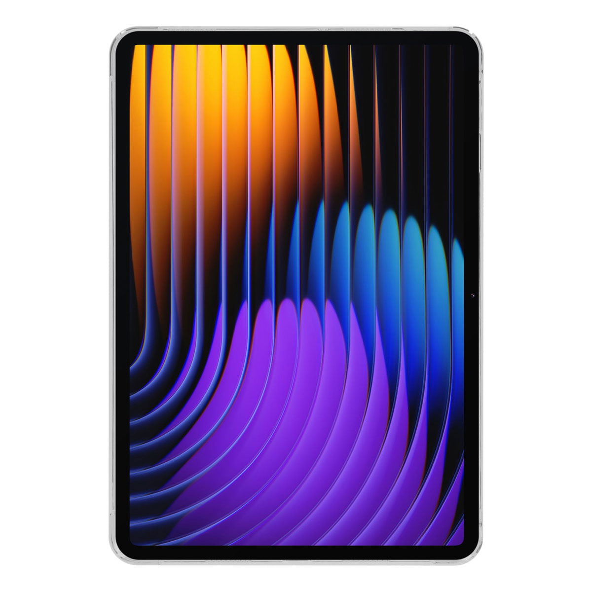 Écran de tablette affichant un design abstrait coloré de formes et de courbes fluides.