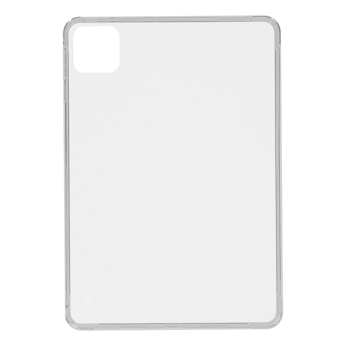 Une coque de tablette transparente, montrant l'arrière et la découpe de la caméra de l'appareil.