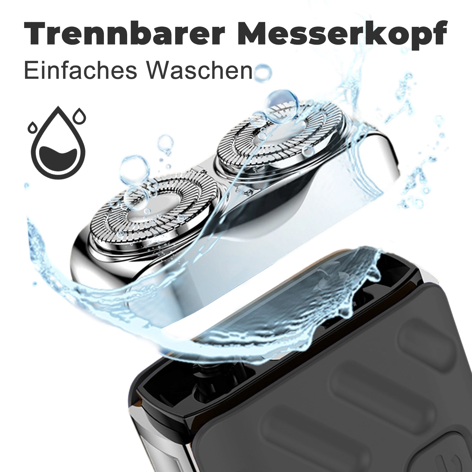 Ein Elektrorasierer wird mit Wasser gewaschen, wobei der abnehmbare Kopf und Wassertropfen zu sehen sind.