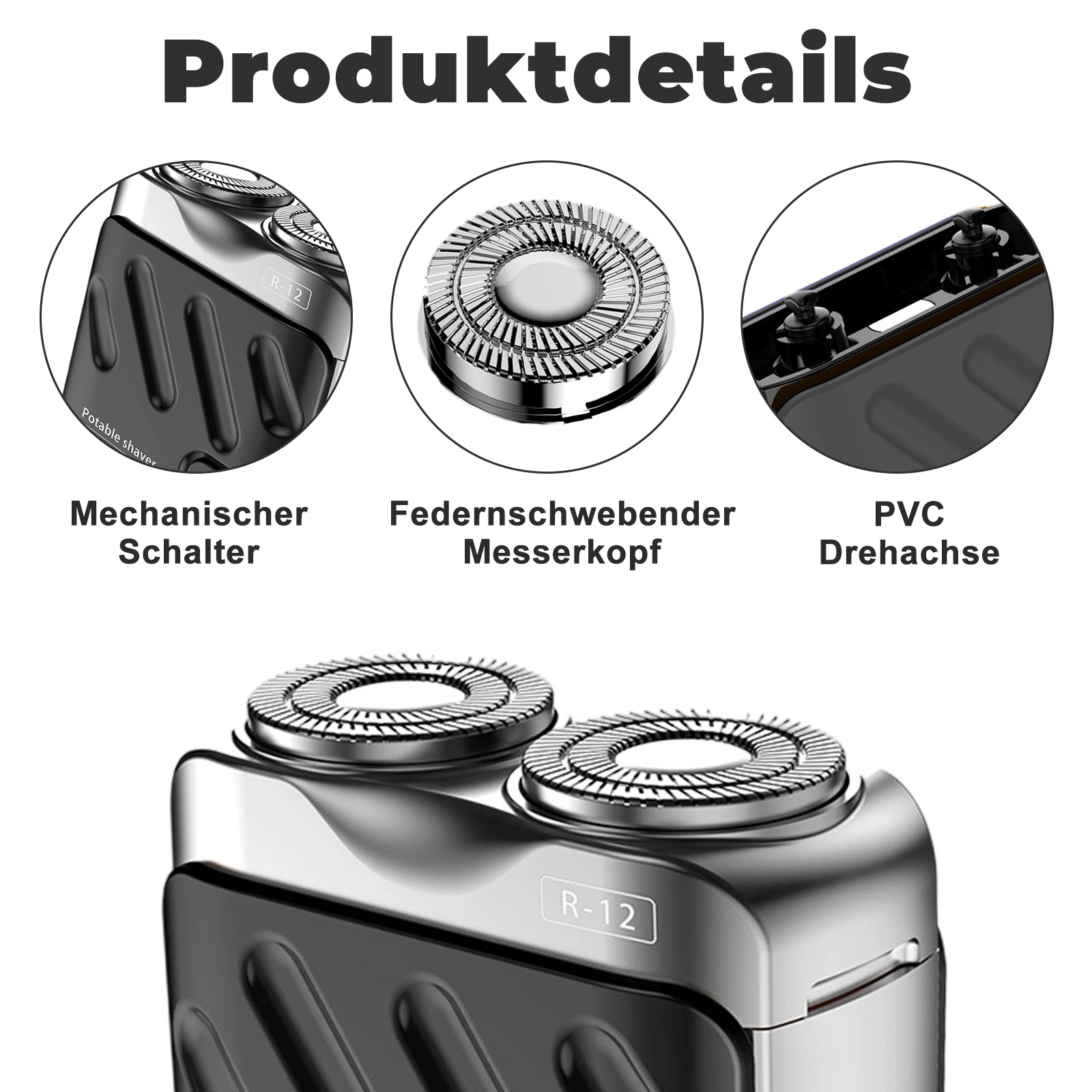 Nahaufnahme eines Elektrorasierers mit drei Detailbildern seiner Teile und deutschen Textbeschriftungen.
