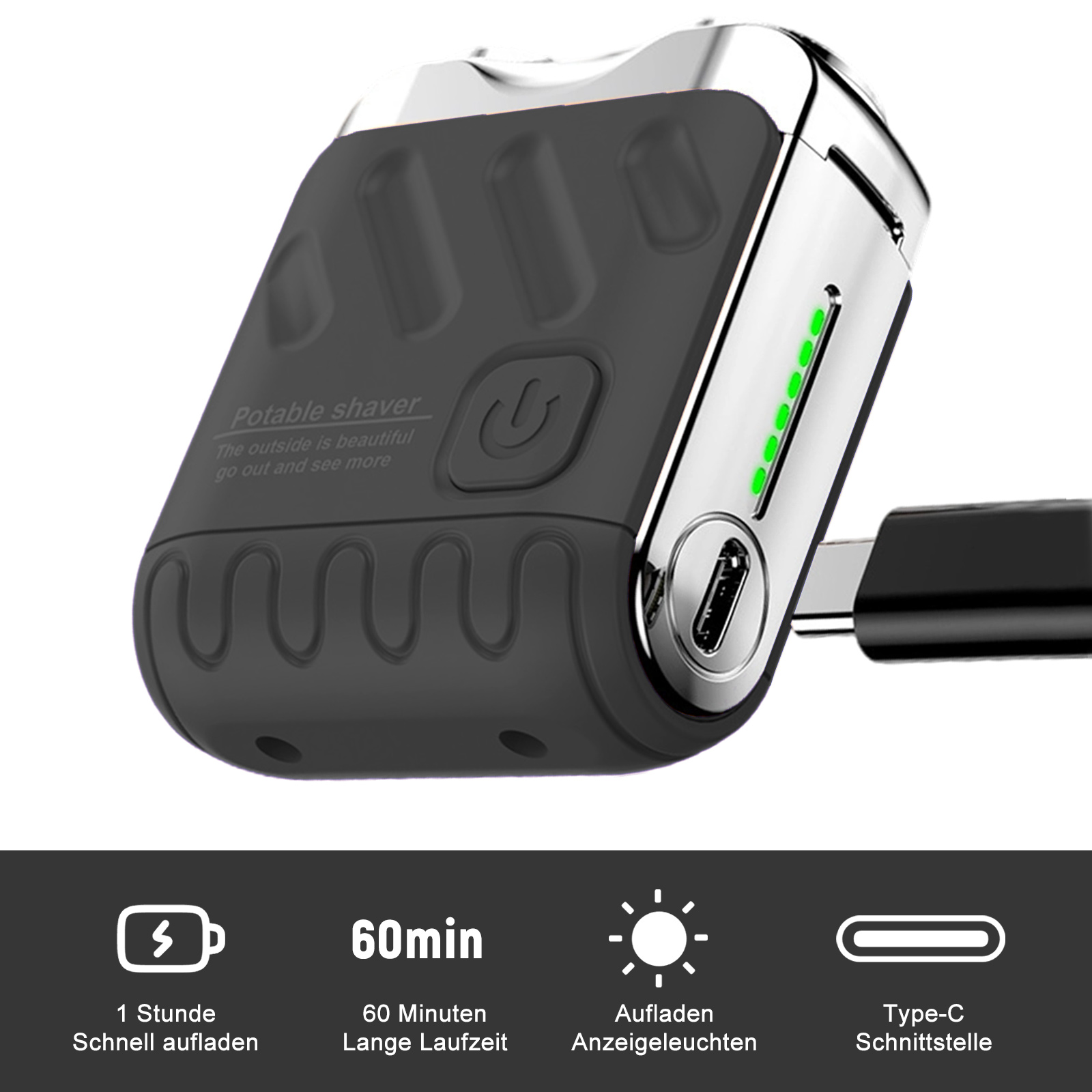 Nahaufnahme eines blau-silbernen Elektrorasierers mit USB-C-Anschluss, Ein-/Aus-Taste und Anzeigen.
