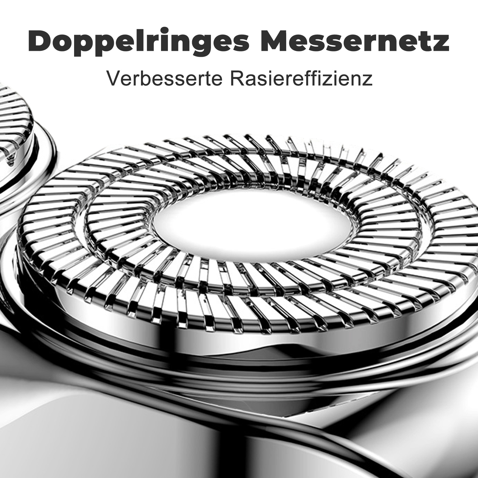Nahaufnahme des Scherkopfes eines Elektrorasierers mit detaillierter Ansicht des Doppelring-Netzes.