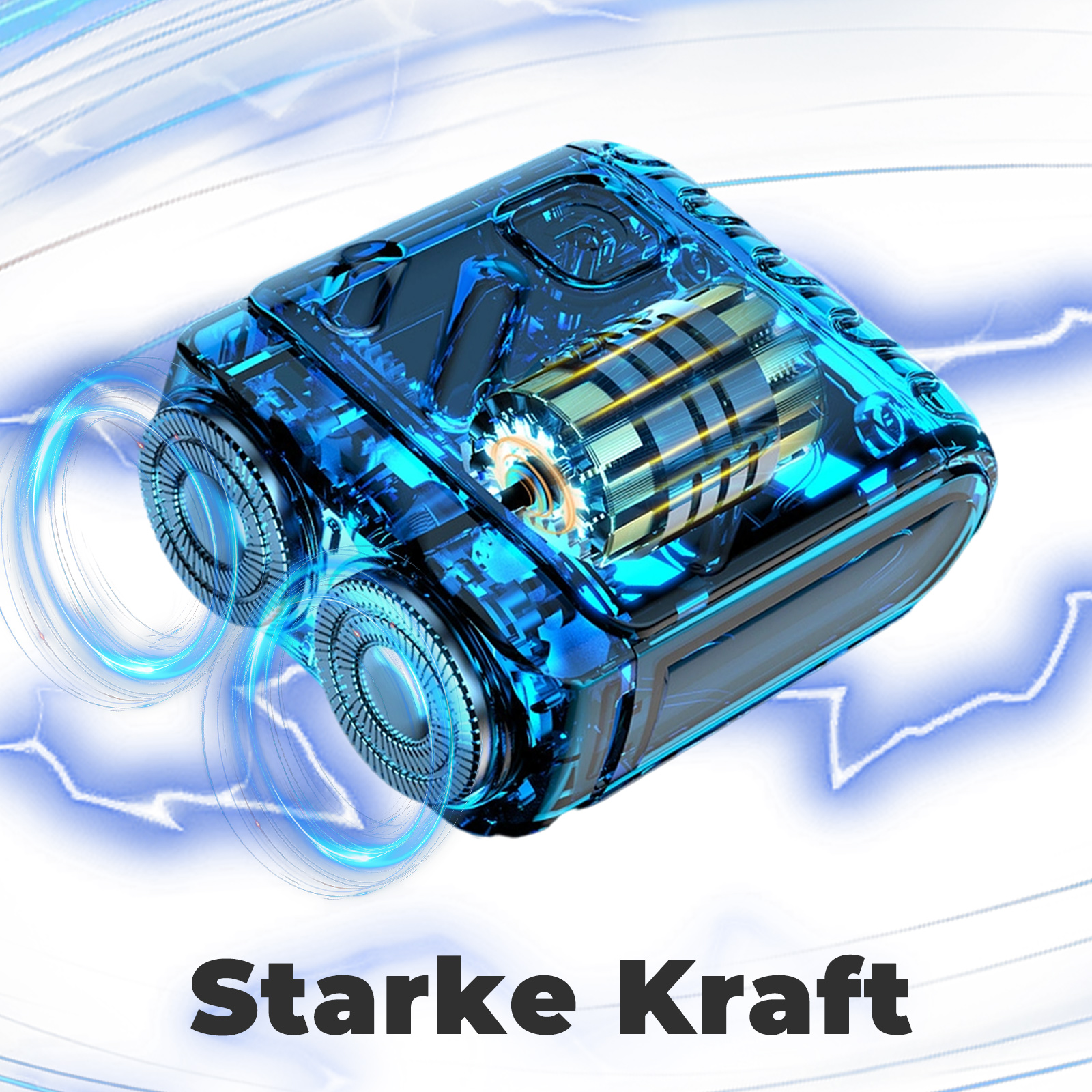 Ein blauer Elektrorasierer mit zwei Rotationsköpfen und einem transparenten blauen Gehäuse mit dem Text "Starke Kraft".