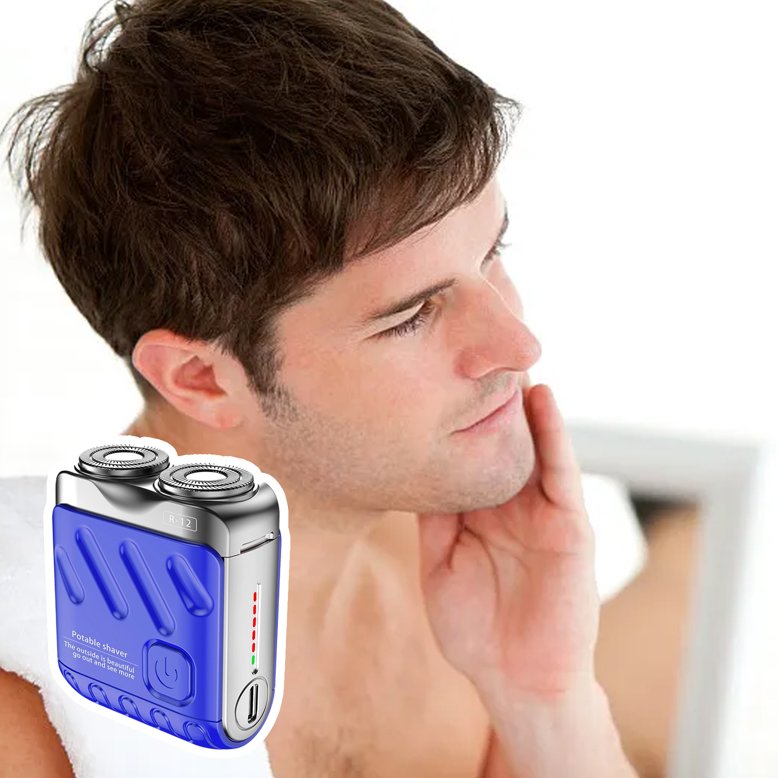 Ein Mann rasiert seine Wange mit einem blauen und silbernen Elektrorasierer, der sich in der linken unteren Ecke befindet.