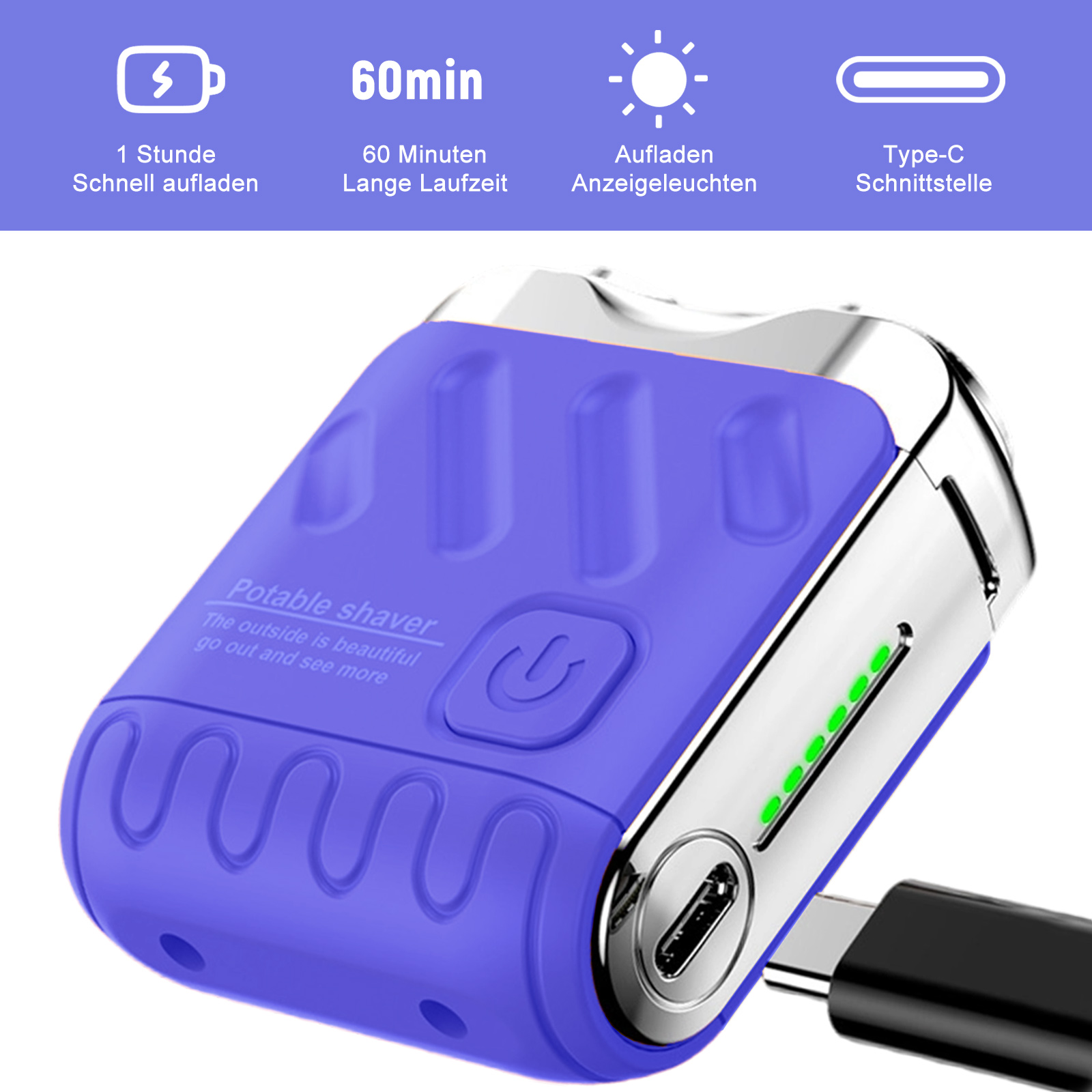 Nahaufnahme eines blau-silbernen Elektrorasierers mit USB-C-Anschluss und Ladeanzeigen.