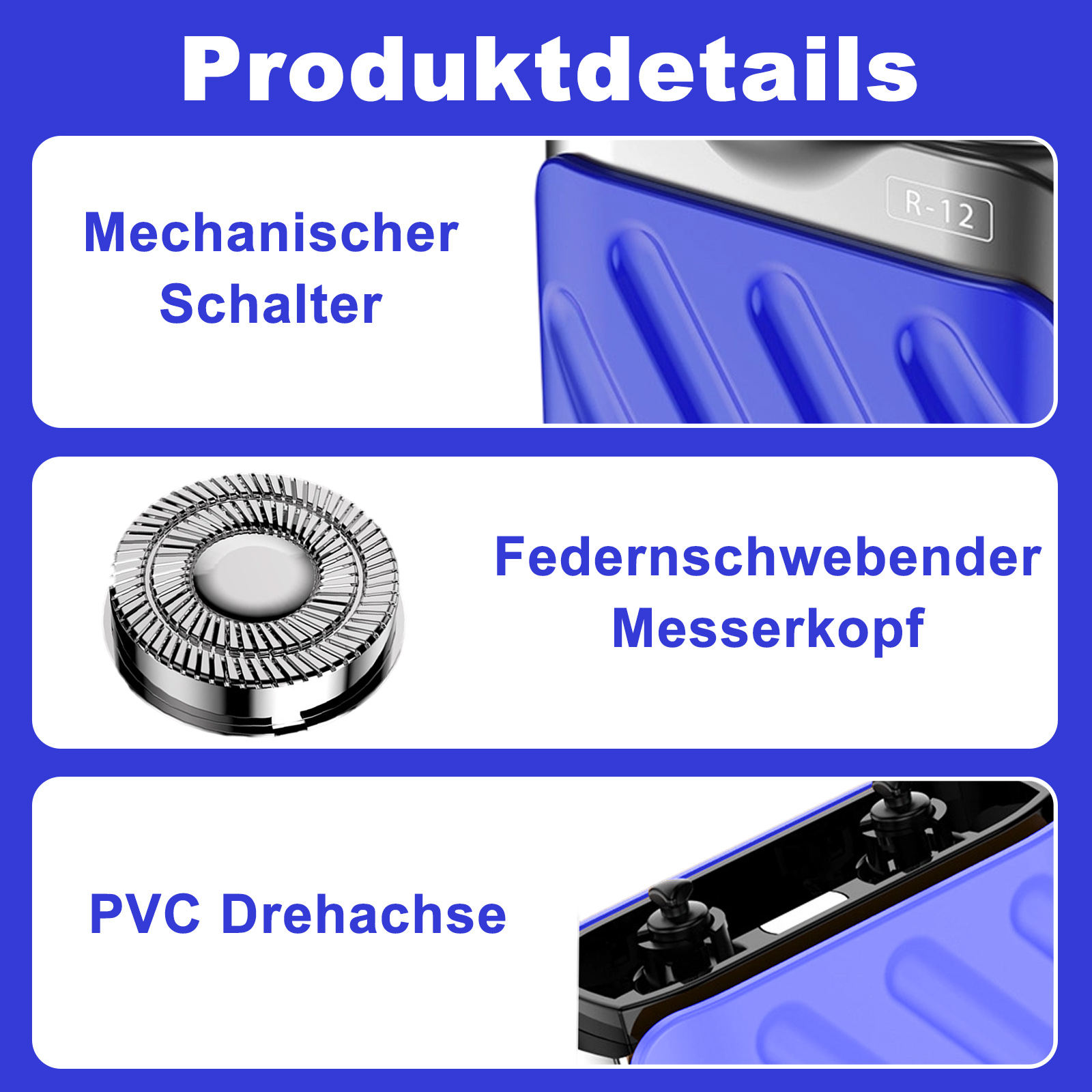 Nahaufnahmen, die Rasiererdetails zeigen: Schalter, Rasierköpfe und eine Drehachse aus PVC.