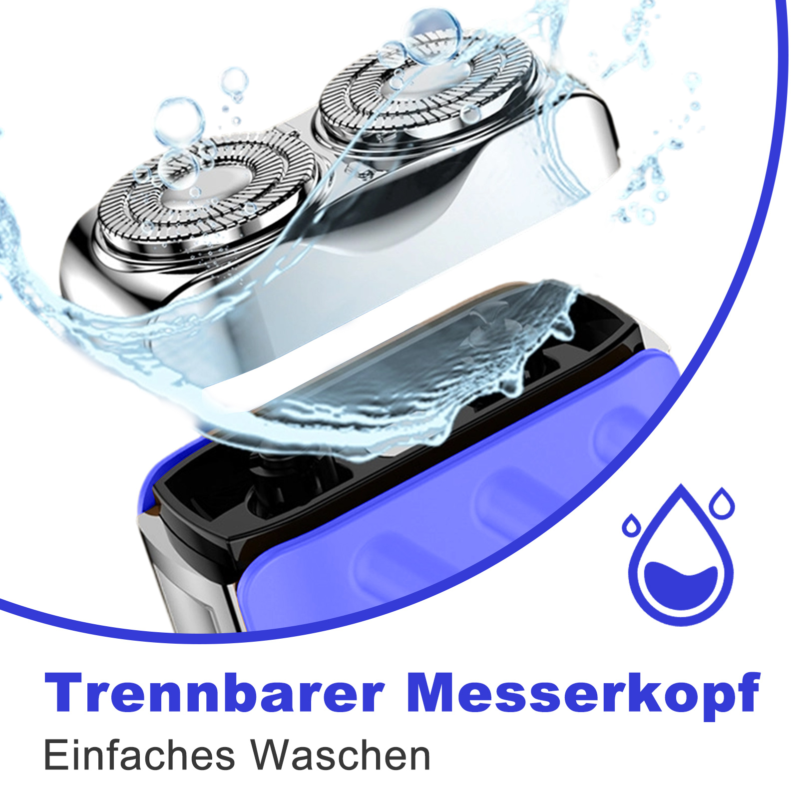 Nahaufnahme von Rasiererteilen mit Wassertröpfchen, die einen abnehmbaren Scherkopf und einfache Reinigung hervorheben.