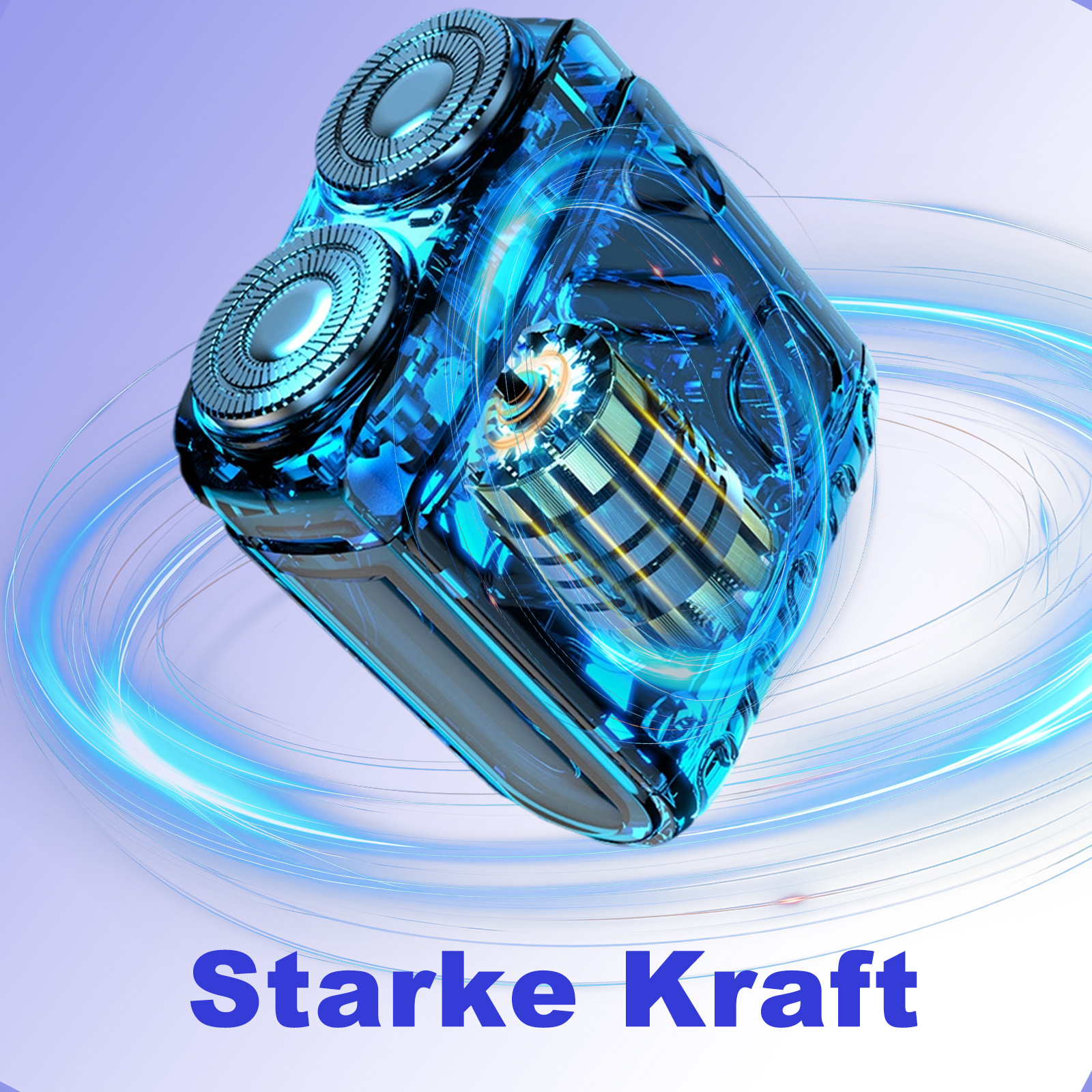 Ein blauer Elektrorasierer mit zwei Rotationsköpfen und einem transparenten blauen Gehäuse mit dem Text "Starke Kraft".
