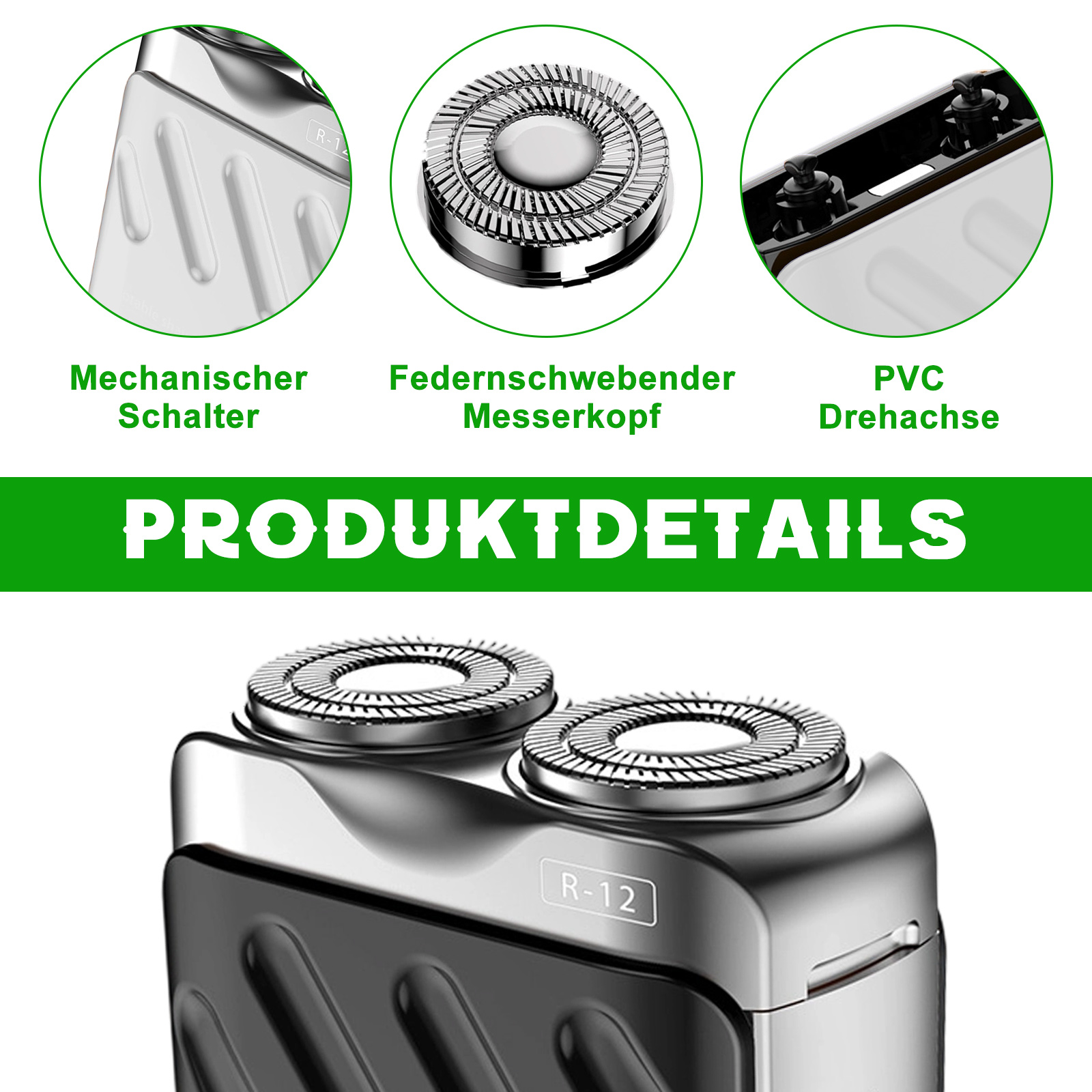 Nahaufnahme von Rasiererteilen: mechanischer Schalter, Scherkopf und PVC-Gelenk. Produktdetails oben geschrieben.
