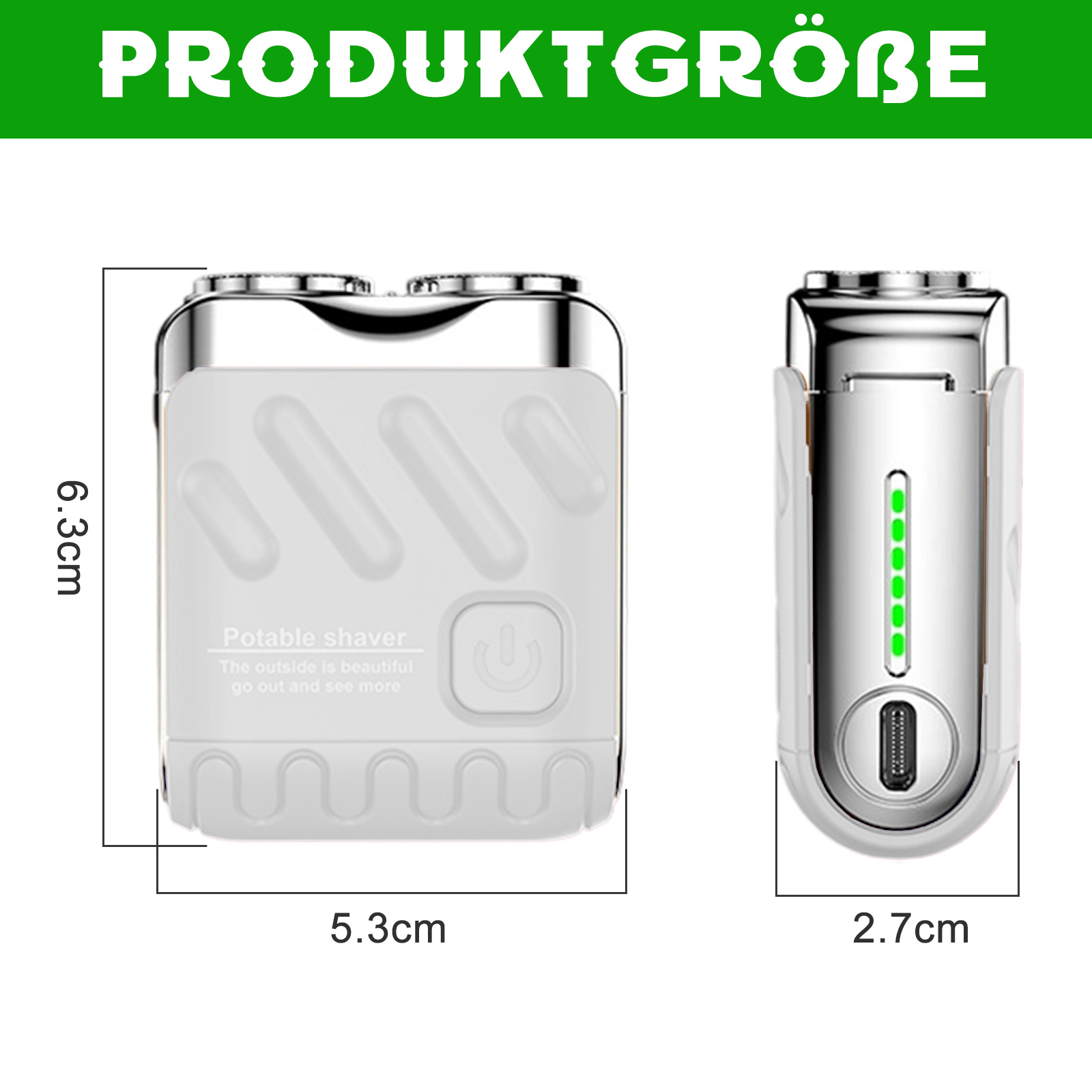 Zwei Ansichten eines weißen, tragbaren Rasierers, mit Größenangaben. Der Text 'Tragbarer Rasierer' ist sichtbar.