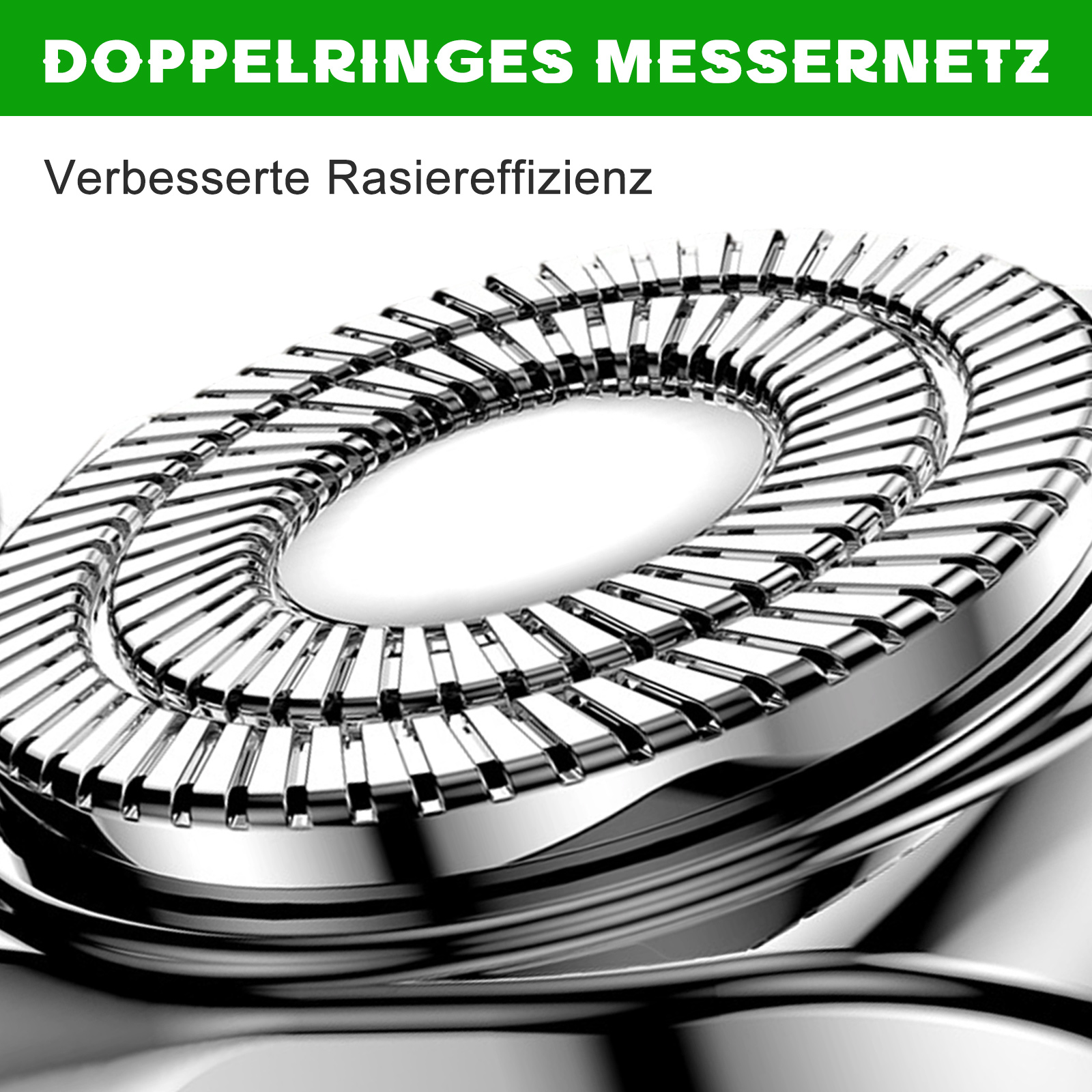 Nahaufnahme eines Rasiererkopfes mit Doppelringklingen. Die Klingen sind silberfarben und kreisförmig.
