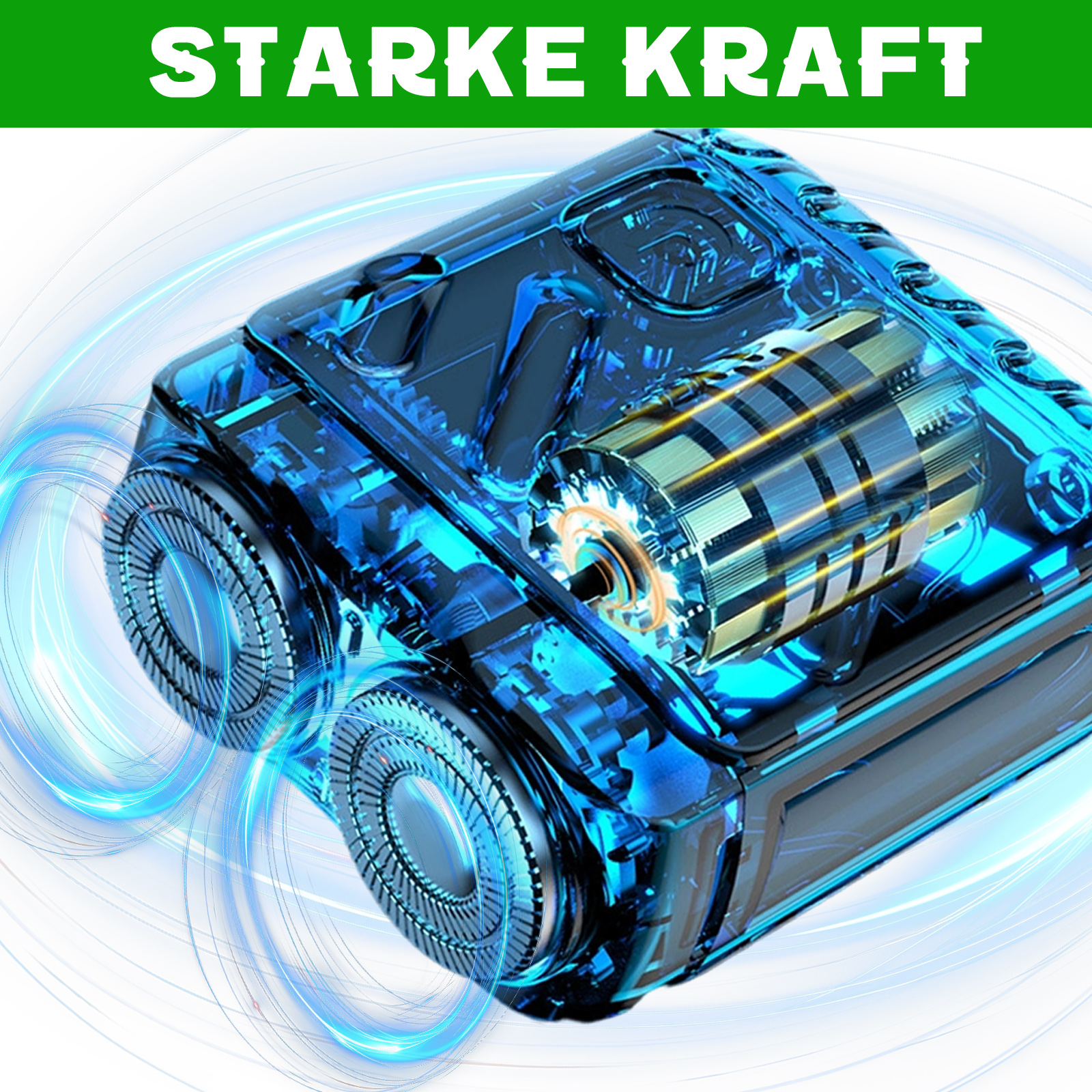 Innenansicht eines Elektrorasierers mit zwei rotierenden Klingen. Die Klingen und der Motor sind sichtbar, blaue Lichteffekte.