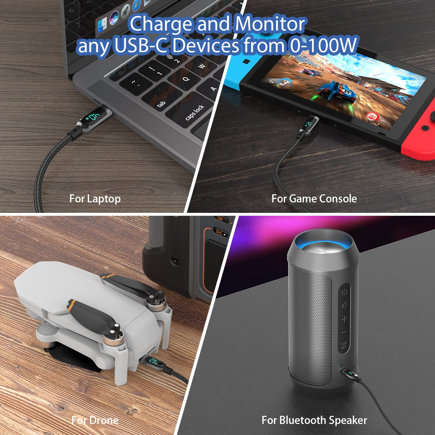 Ein Laptop, eine Konsole, eine Drohne und ein Lautsprecher sind zum Aufladen mit USB-C-Geräten verbunden.