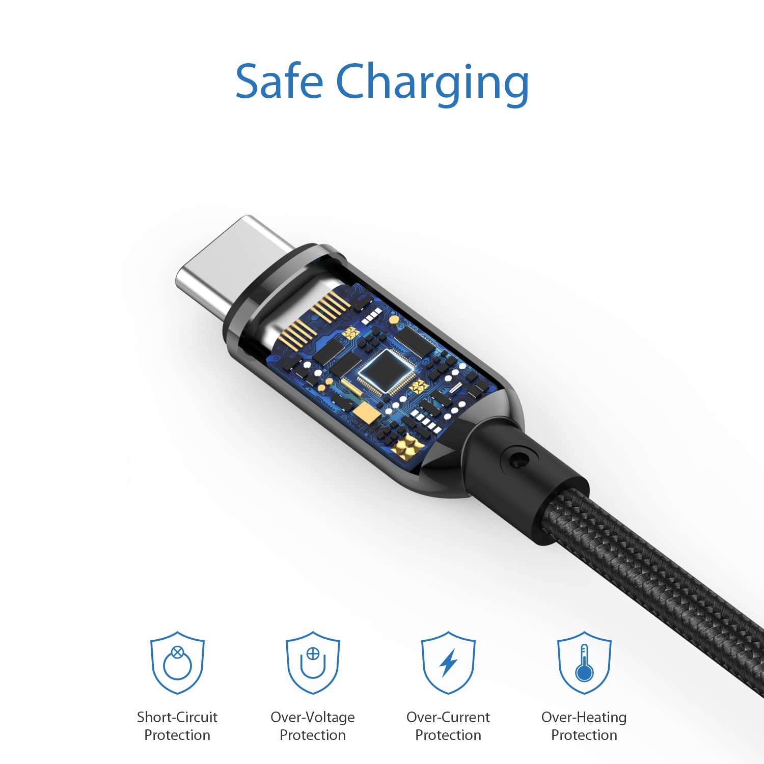 Ein Ladekabel mit sichtbaren internen Komponenten. Zu den Merkmalen gehören Kurzschluss-, Überspannungs- und Überstromschutz.