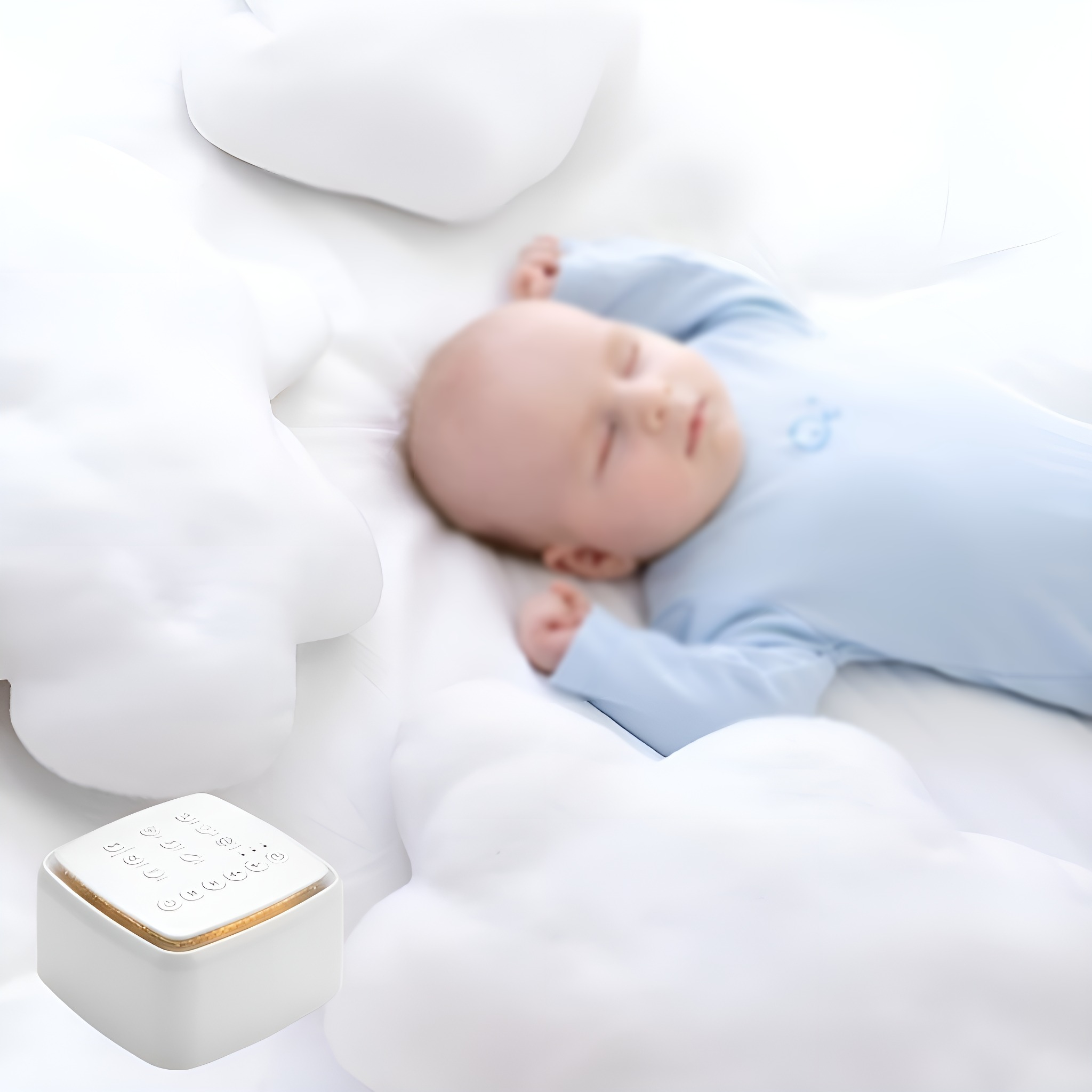 Ein Baby in Blau schläft auf einem weißen Bett, umgeben von wolkenförmigen Kissen. Eine weiße Soundmaschine ist in der Nähe.
