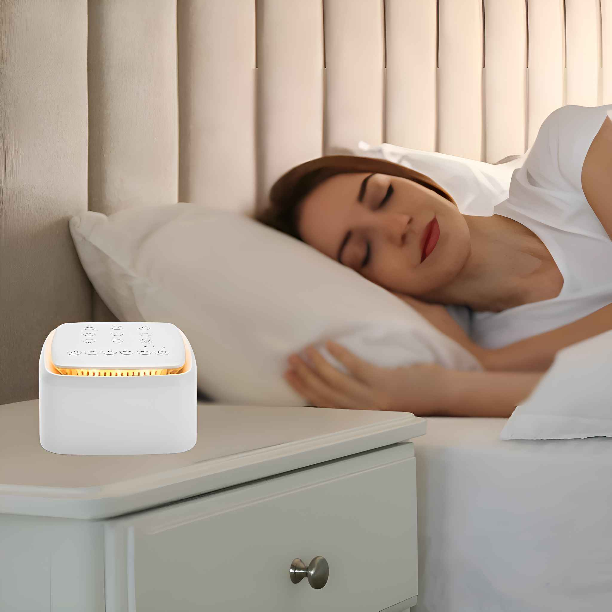 Eine Frau schläft im Bett, neben einer weißen Soundmaschine auf einem Nachttisch. Die Maschine hat Knöpfe und einen goldenen Rand.