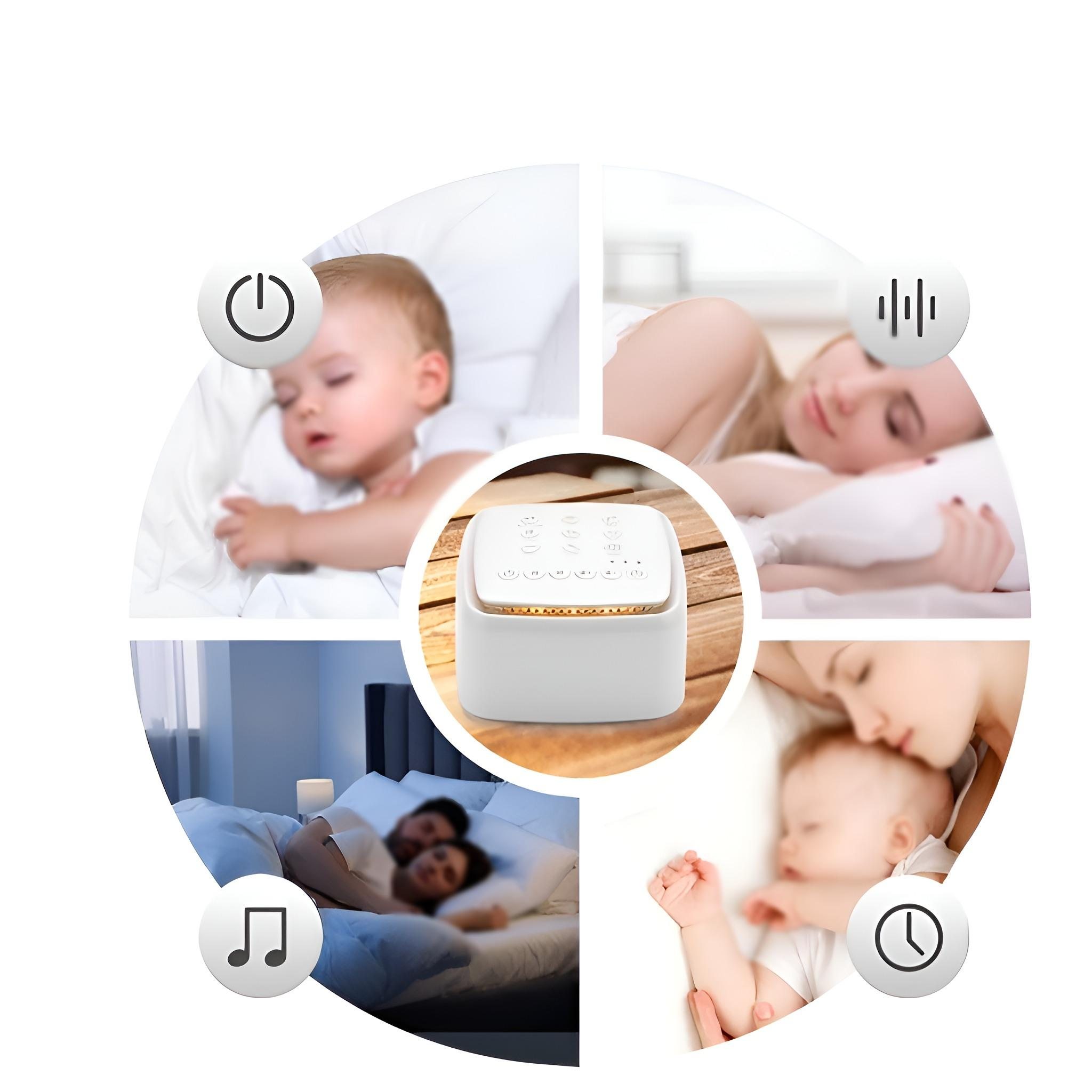 Weiße Geräuschmaschine, umgeben von Bildern schlafender Babys, Erwachsener im Bett und Symbolen.