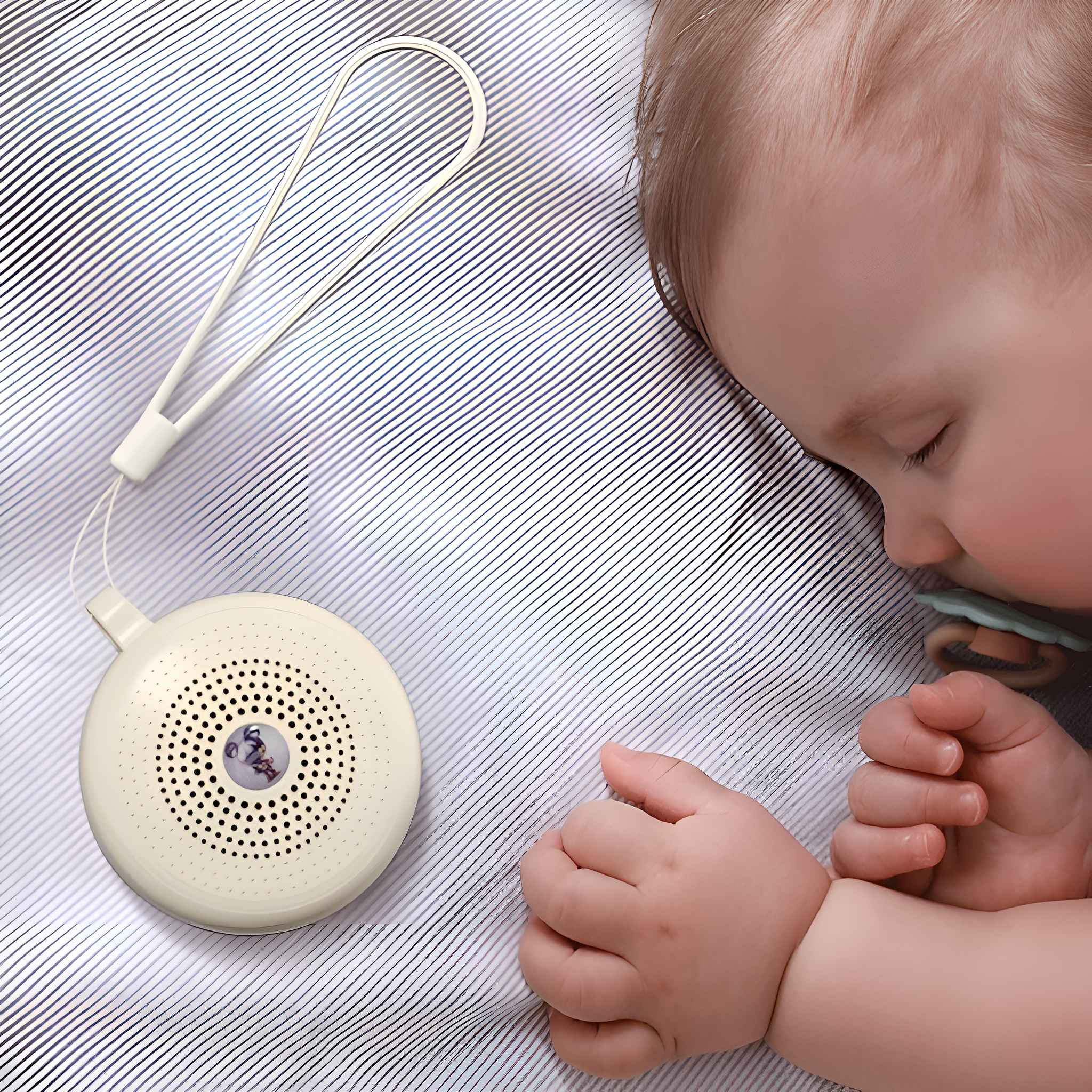 Ein Baby schläft auf einem gestreiften Laken neben einer weißen Soundmaschine mit Trageschlaufe. Die Maschine hat einen Lautsprecher.
