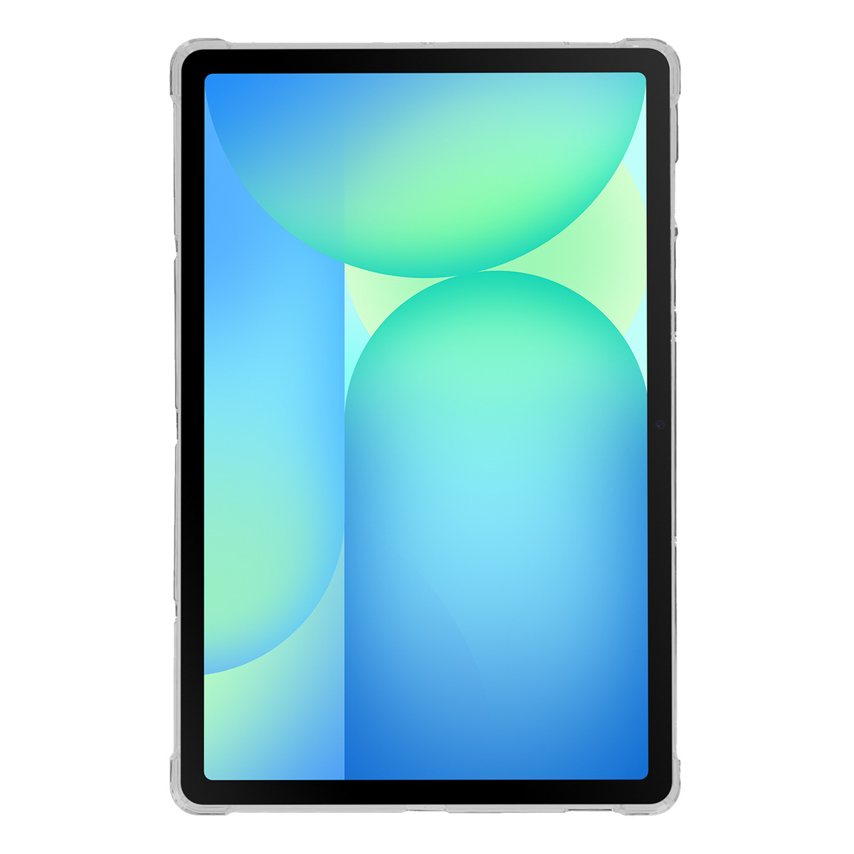 Tablet computer with a screen showing blue and green abstract shapes, in a transparent case.