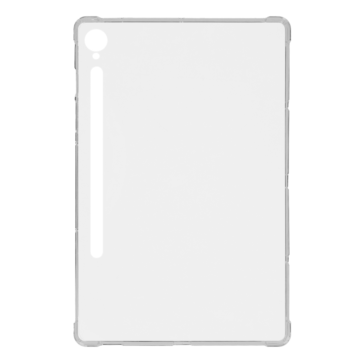 Clear tablet case with a camera cutout and a white background.