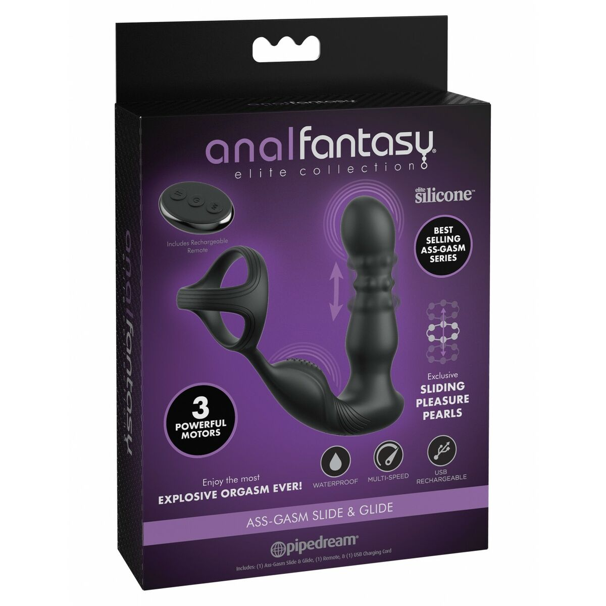 Schwarze Sexspielzeugbox mit einem schwarzen Dildo und einer Fernbedienung. Lila Hintergrund.