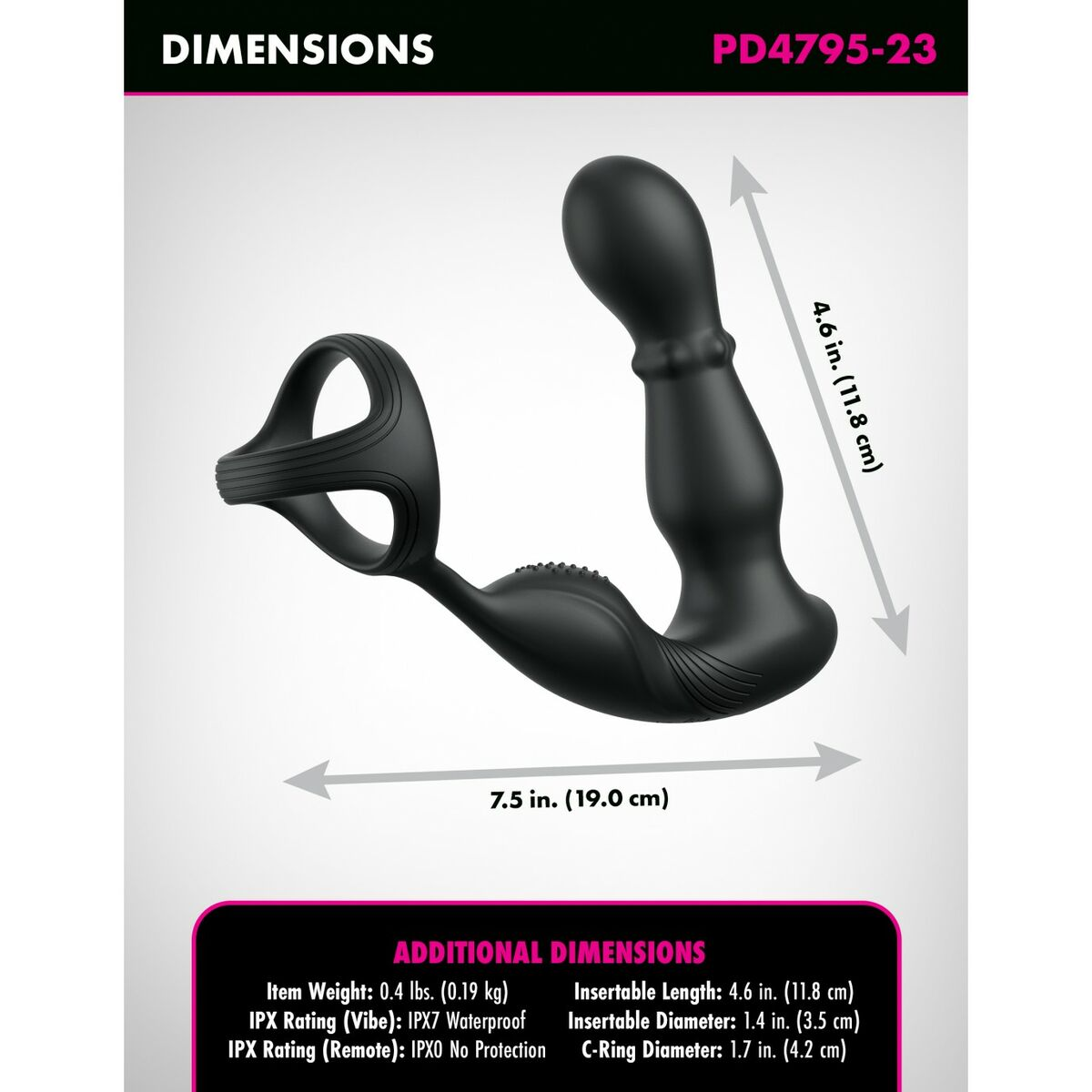 Schwarzes Sexspielzeug mit Ring, gebogenem Stiel und abgerundeter Spitze, mit Maßangaben.