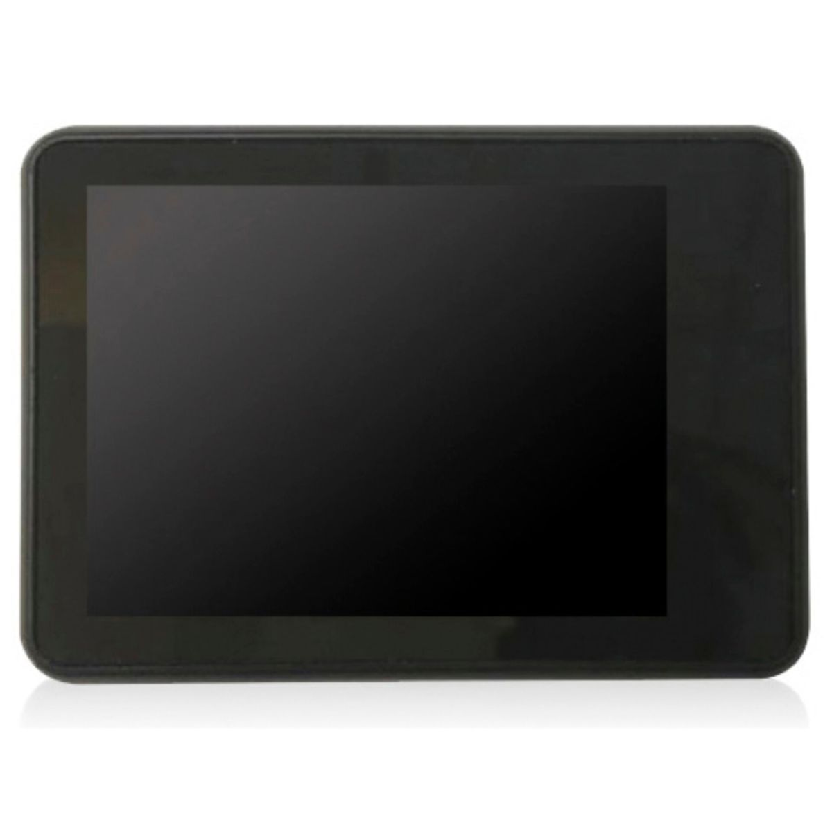 Czarny ekran jest wyświetlany na czarnym prostokątnym urządzeniu, z odbiciem na białej powierzchni.