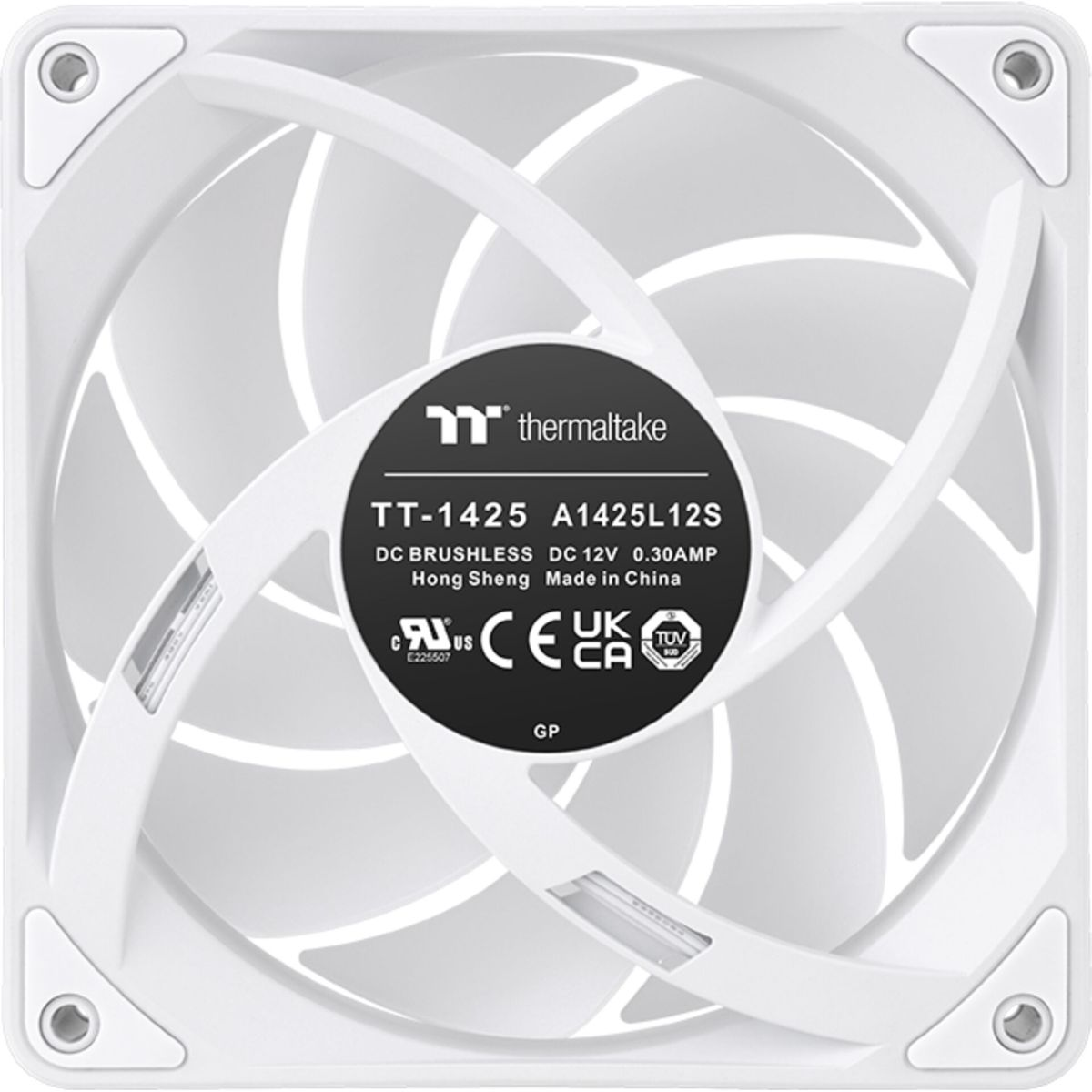 A white computer fan with white blades. It has a black label in the center. The background is white.