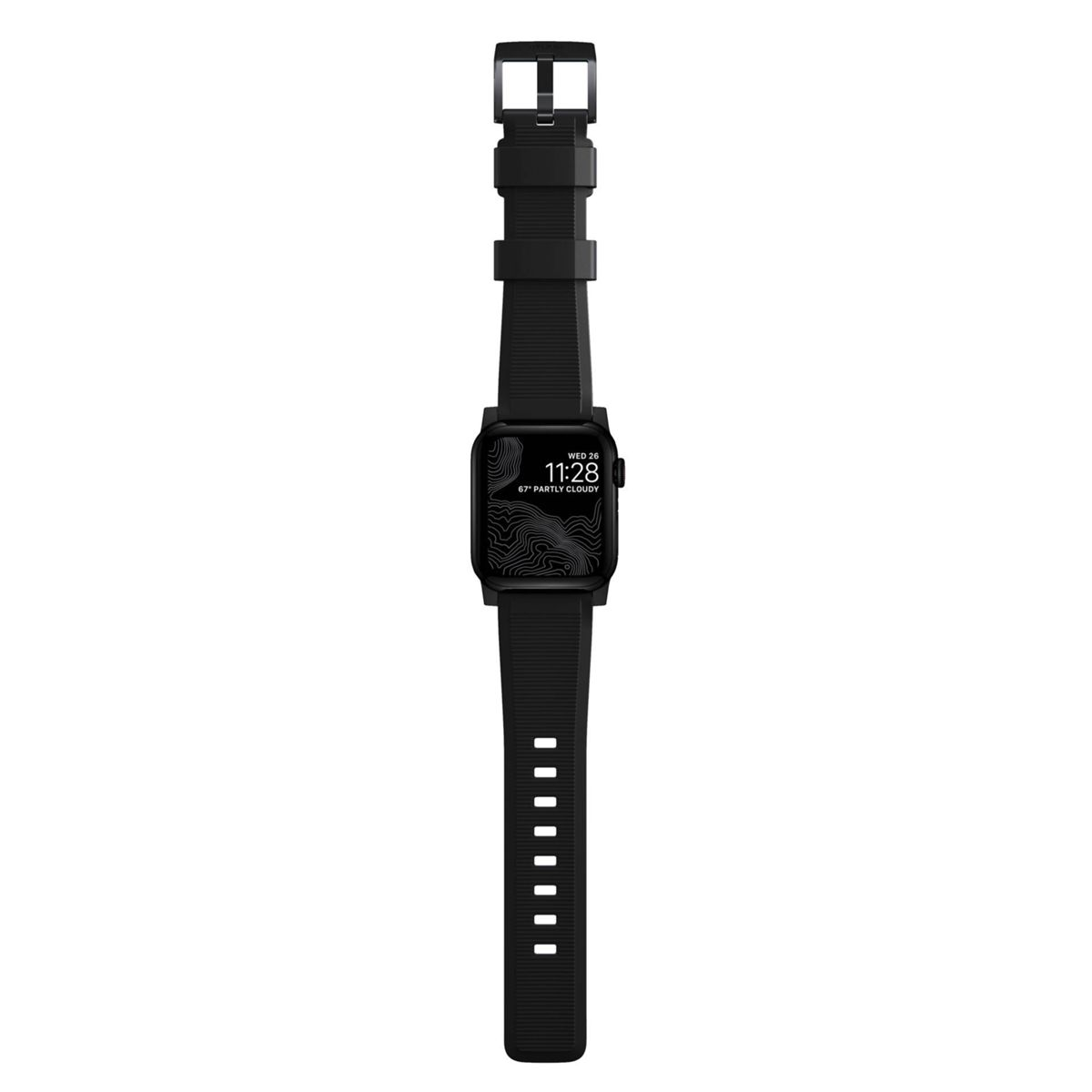 Eine schwarze Smartwatch mit schwarzem Armband. Die Uhr zeigt Zeit und Wetter an. Isoliert.