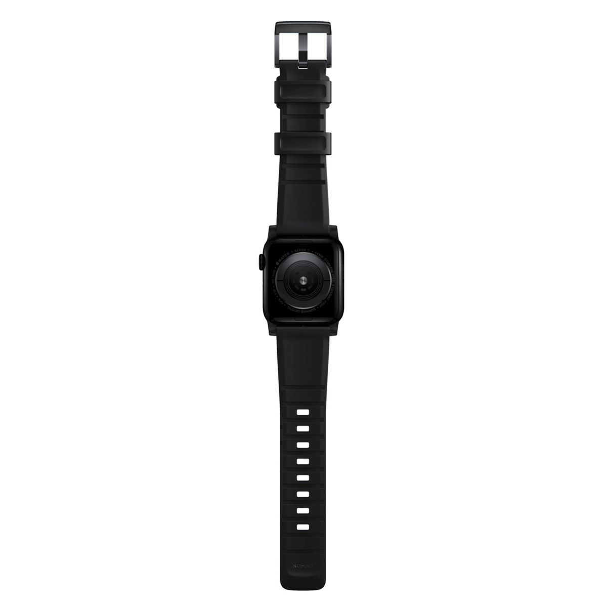 Eine schwarze Apple Watch mit schwarzem Armband, von hinten gesehen. Der Bildschirm ist schwarz und zeigt Text.