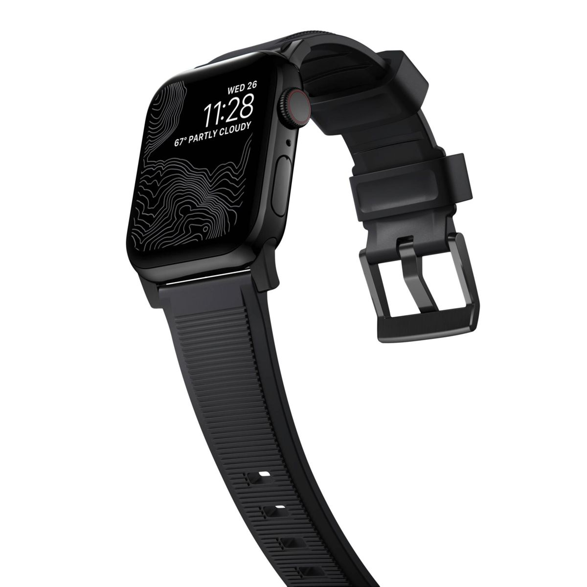 Schwarze Apple Watch mit schwarzem Armband, zeigt Zeit- und Wetterinformationen.
