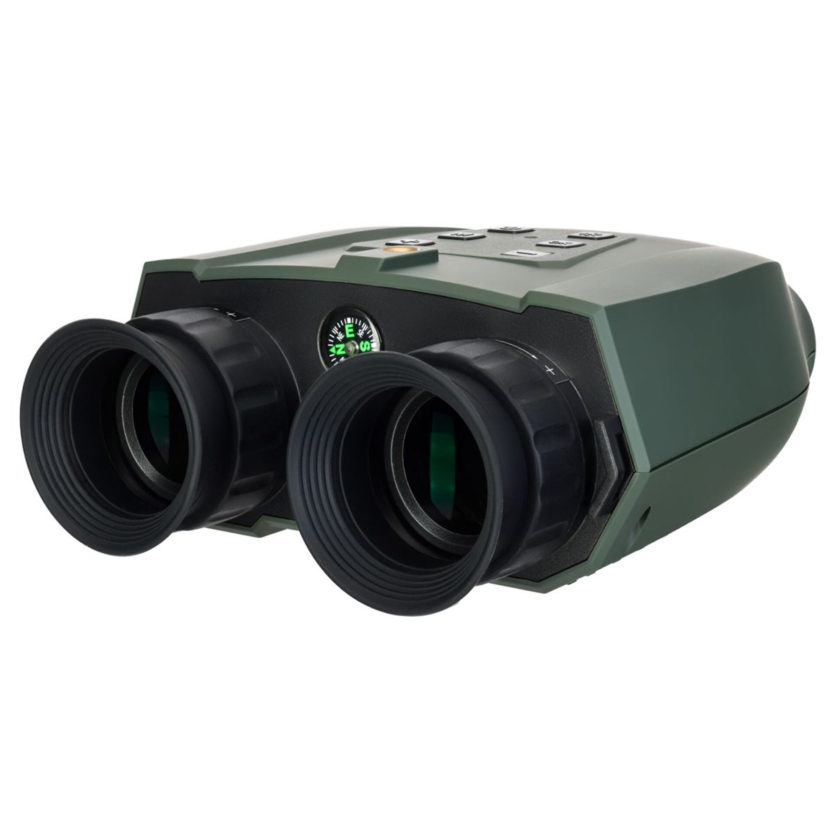 Binocolo verde scuro. Ha due lenti e una bussola al centro. Pulsanti in alto.