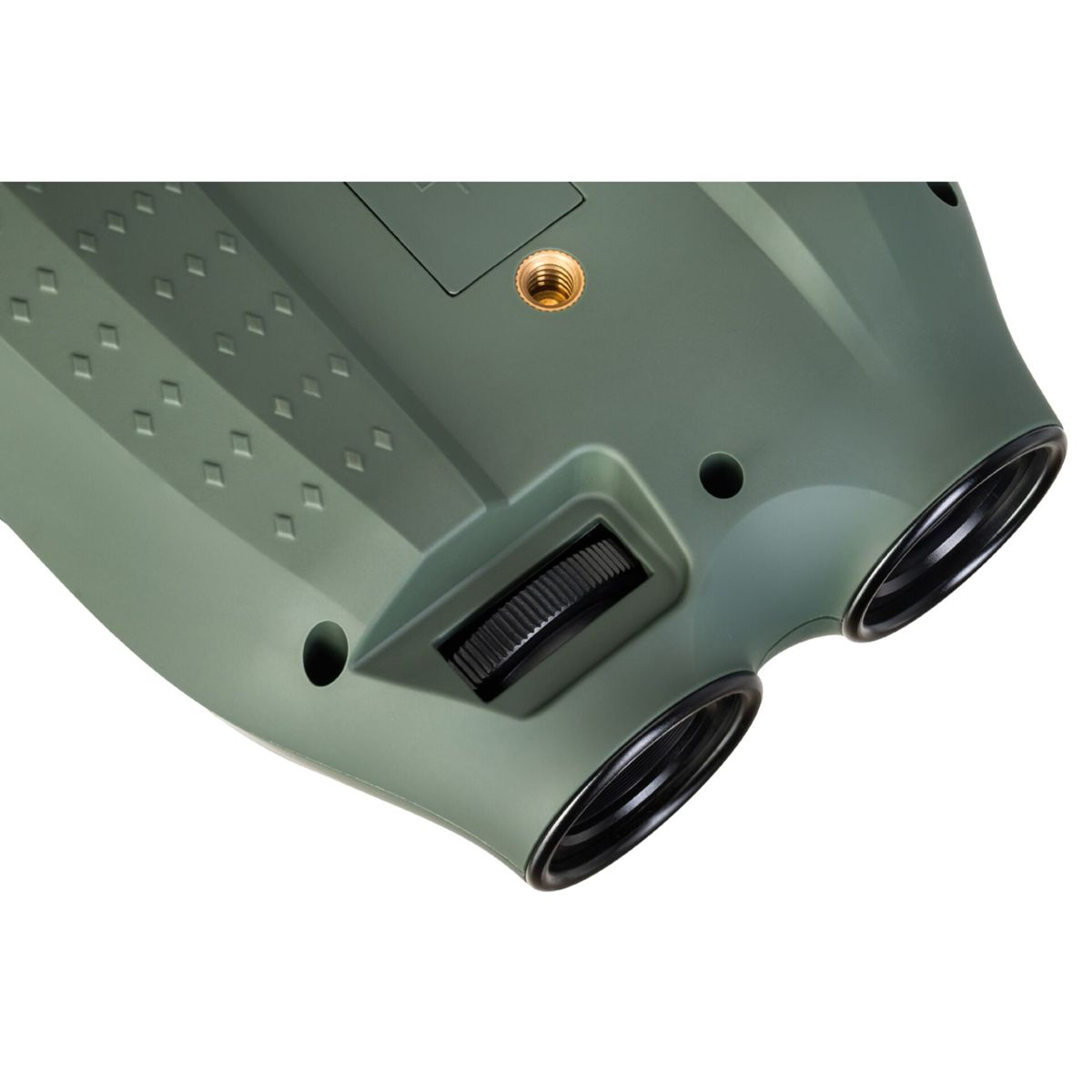 Binocolo dal basso. Corpo verde, lenti nere. Una ruota e alcune viti sono visibili.