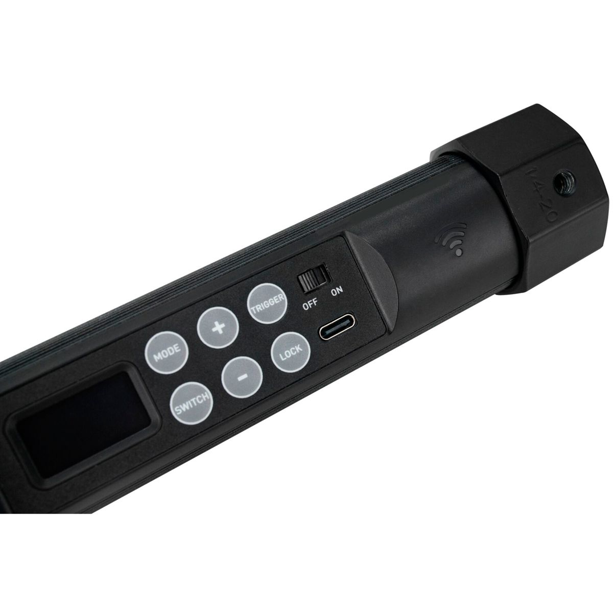 Schwarzer Lichtstab mit Knöpfen und Display. Er hat einen USB-Anschluss und ein Funksymbol.