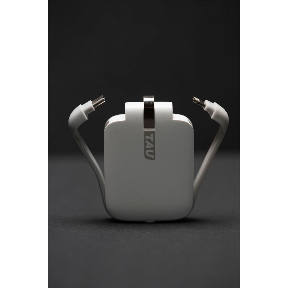 Un chargeur blanc avec deux câbles qui s'étendent, le mot 'TAU' est écrit dessus.
