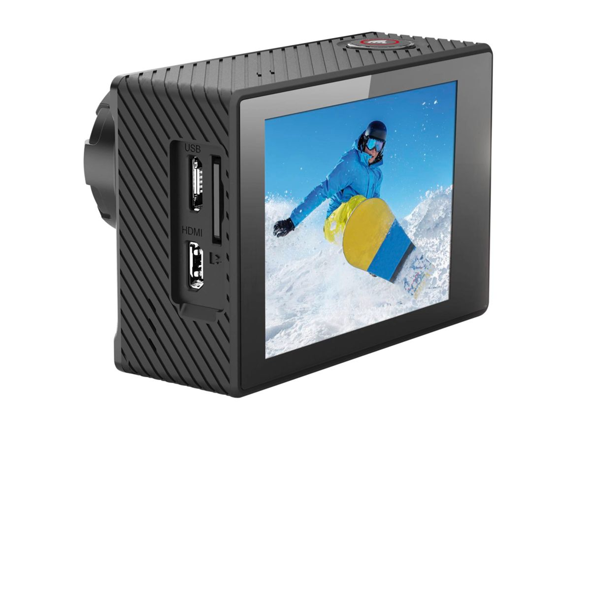 Czarna kamera sportowa z ekranem pokazującym osobę jeżdżącą na snowboardzie. Białe tło.