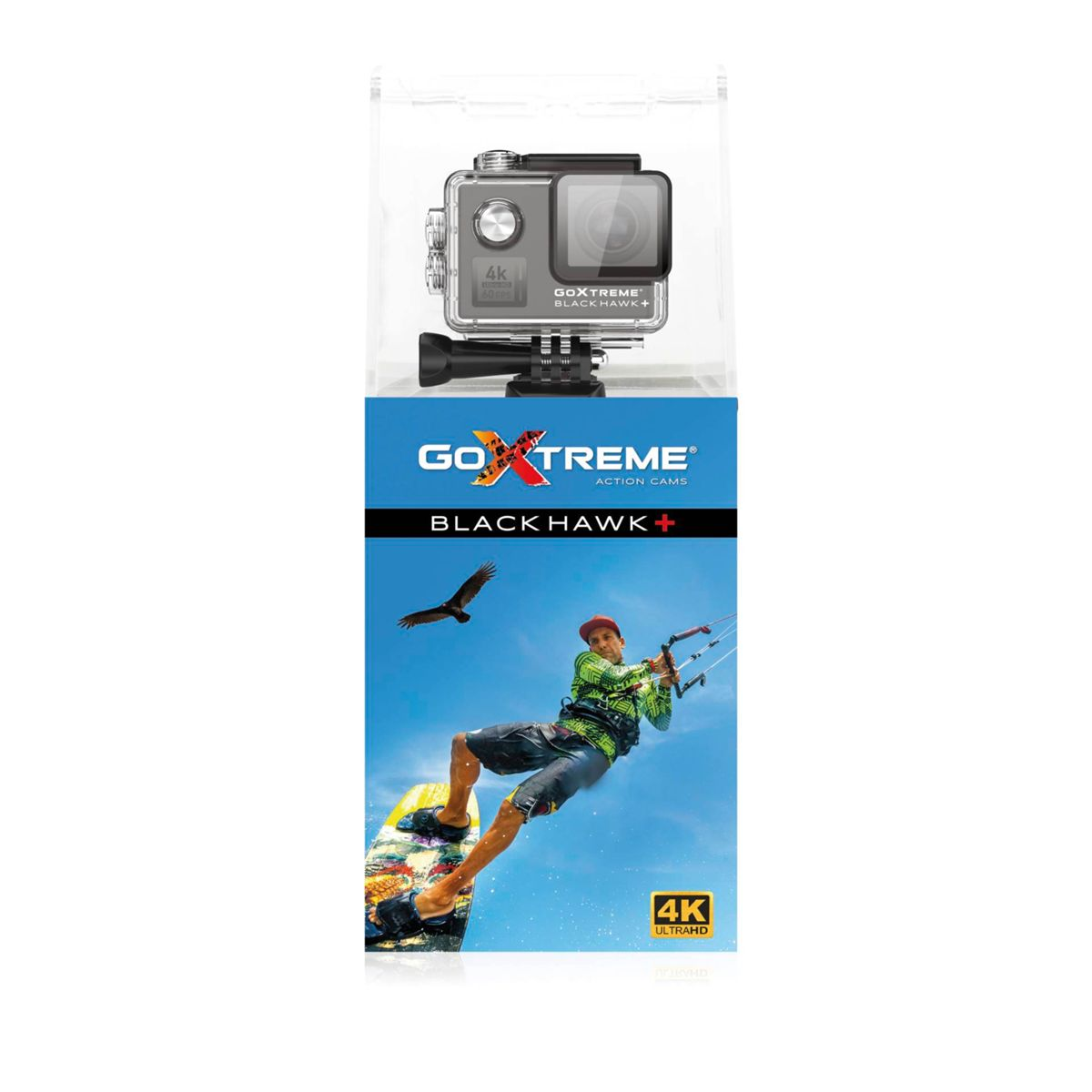 Zdjęcie produktu kamery sportowej z osobą uprawiającą kitesurfing na tle błękitnego nieba. Ptak leci.