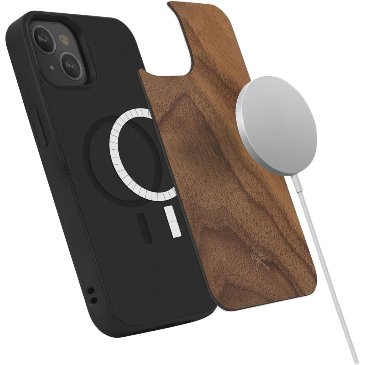 Eine schwarze Handyhülle mit Holzrückseite und weißem Ladegerät. Das Ladegerät ist magnetisch befestigt.