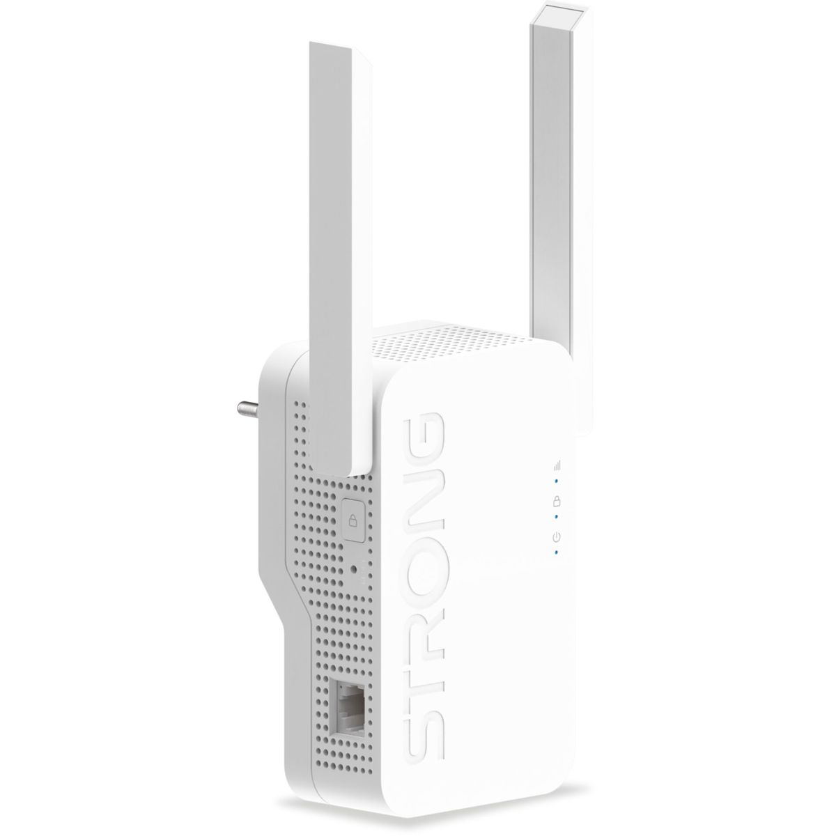 Ripetitore WiFi bianco con due antenne. La parola STRONG è scritta in bianco sul dispositivo.