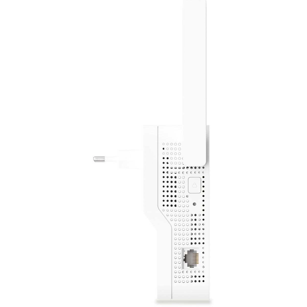 Ripetitore WiFi bianco, con antenna. Ha una spina e una porta Ethernet. Sfondo bianco.