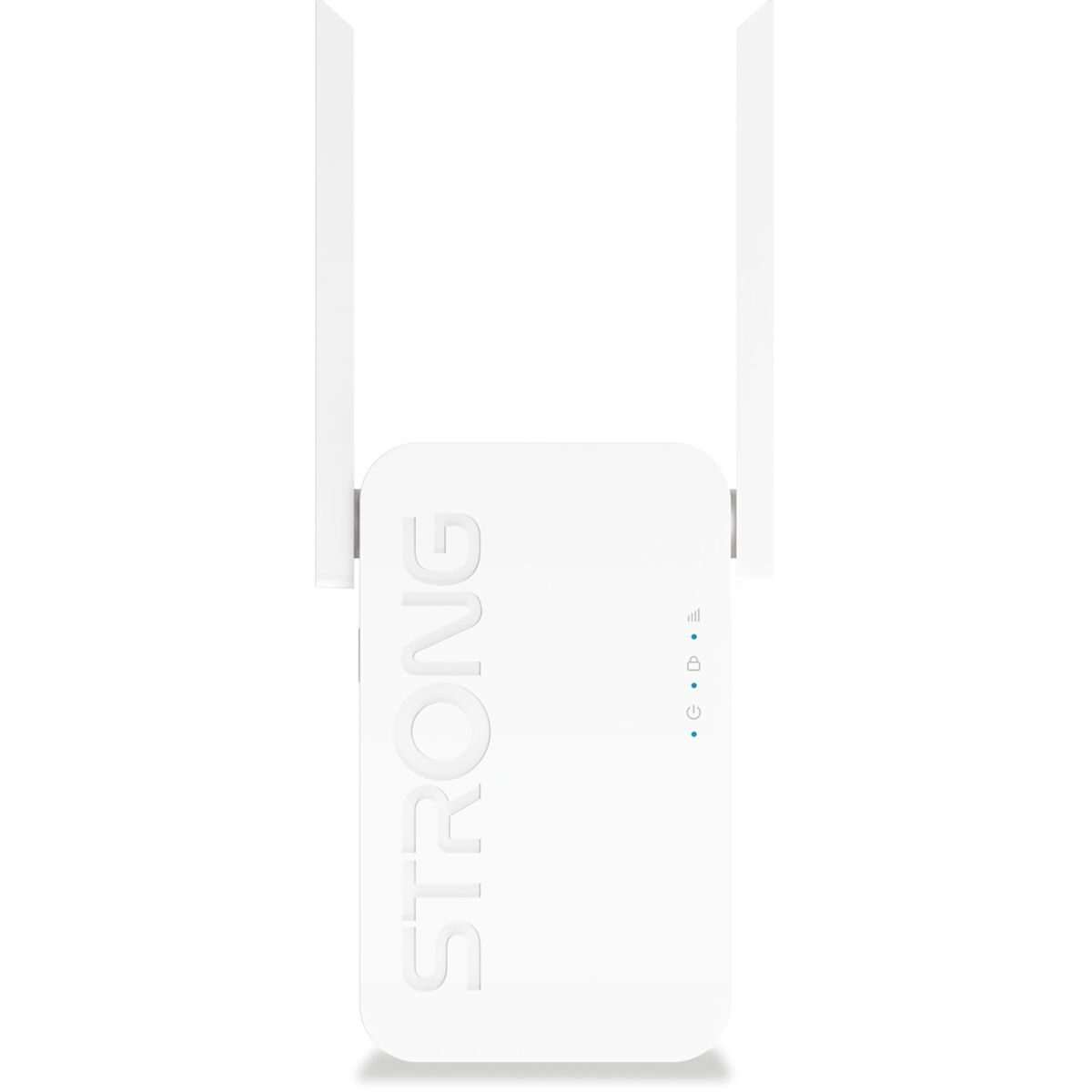 Router wireless bianco con due antenne. La parola STRONG è visualizzata sul dispositivo.