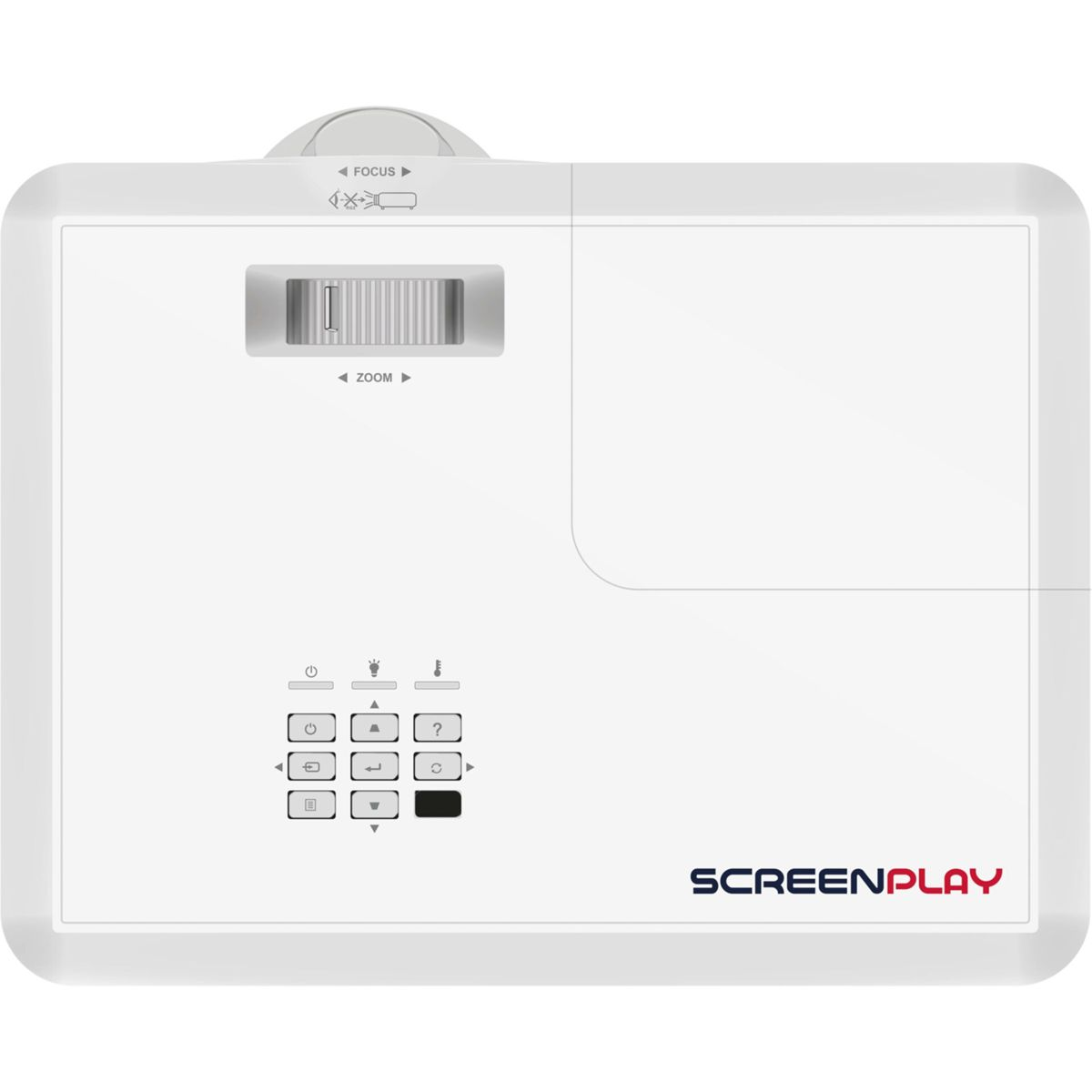 Biały projektor z przyciskami sterowania i napisem SCREENPLAY. Widok z góry, na białym tle.