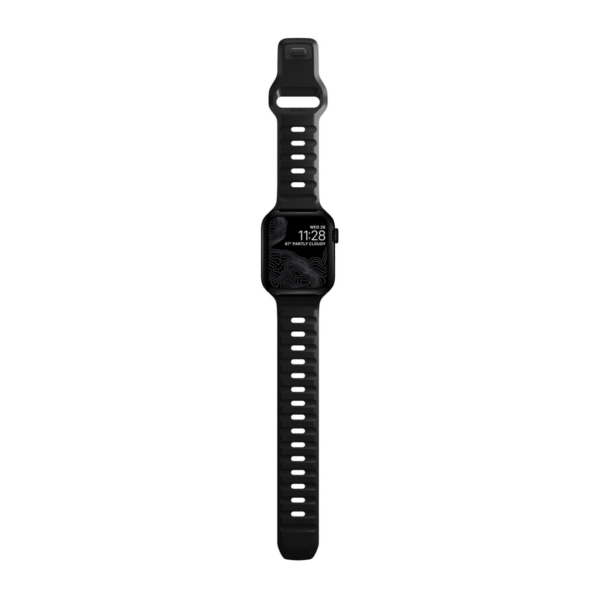 Schwarzes Smartwatch-Armband, zeigt die Zeit und eine topografische Karte. Weißer Hintergrund.