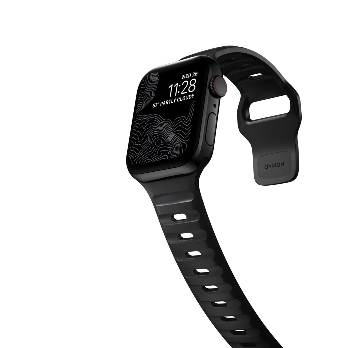 Schwarze Smartwatch auf weißem Hintergrund. Die Uhr zeigt die Zeit und eine Karte.