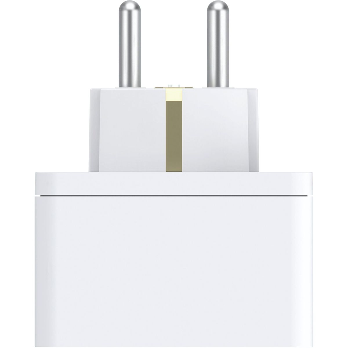 Ein weißer Steckeradapter mit zwei silbernen Stiften.